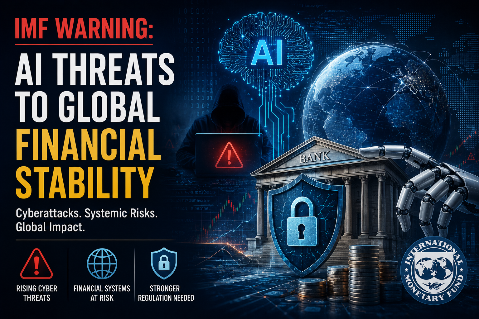 IMF warning graphic: "AI THREATS TO GLOBAL FINANCIAL STABILITY" with images of AI, a hacker, a protected bank, and the IMF logo.