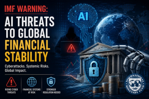 IMF warning graphic: "AI THREATS TO GLOBAL FINANCIAL STABILITY" with images of AI, a hacker, a protected bank, and the IMF logo.