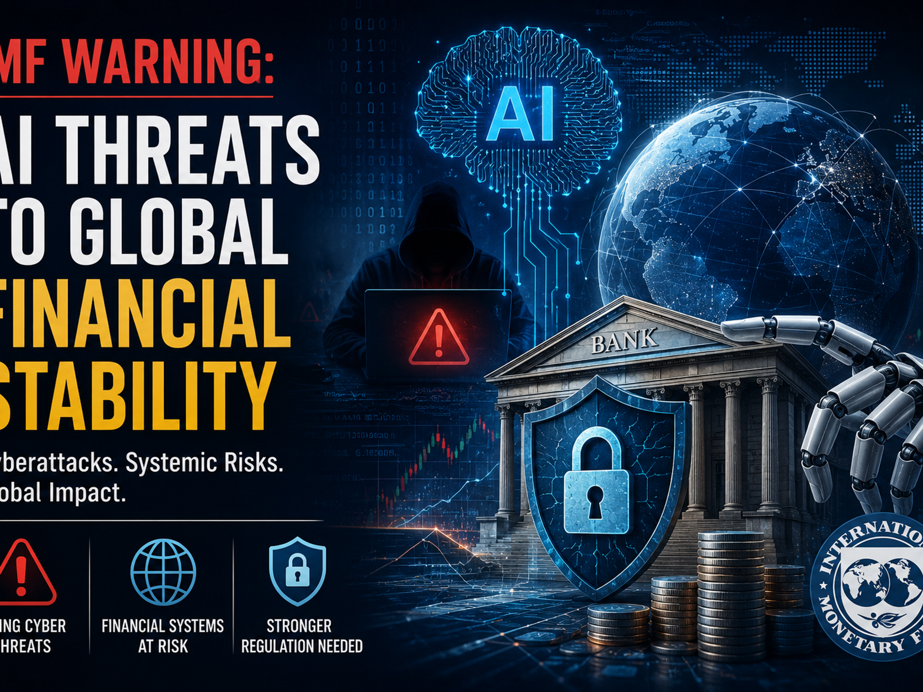 IMF warning graphic: "AI THREATS TO GLOBAL FINANCIAL STABILITY" with images of AI, a hacker, a protected bank, and the IMF logo.