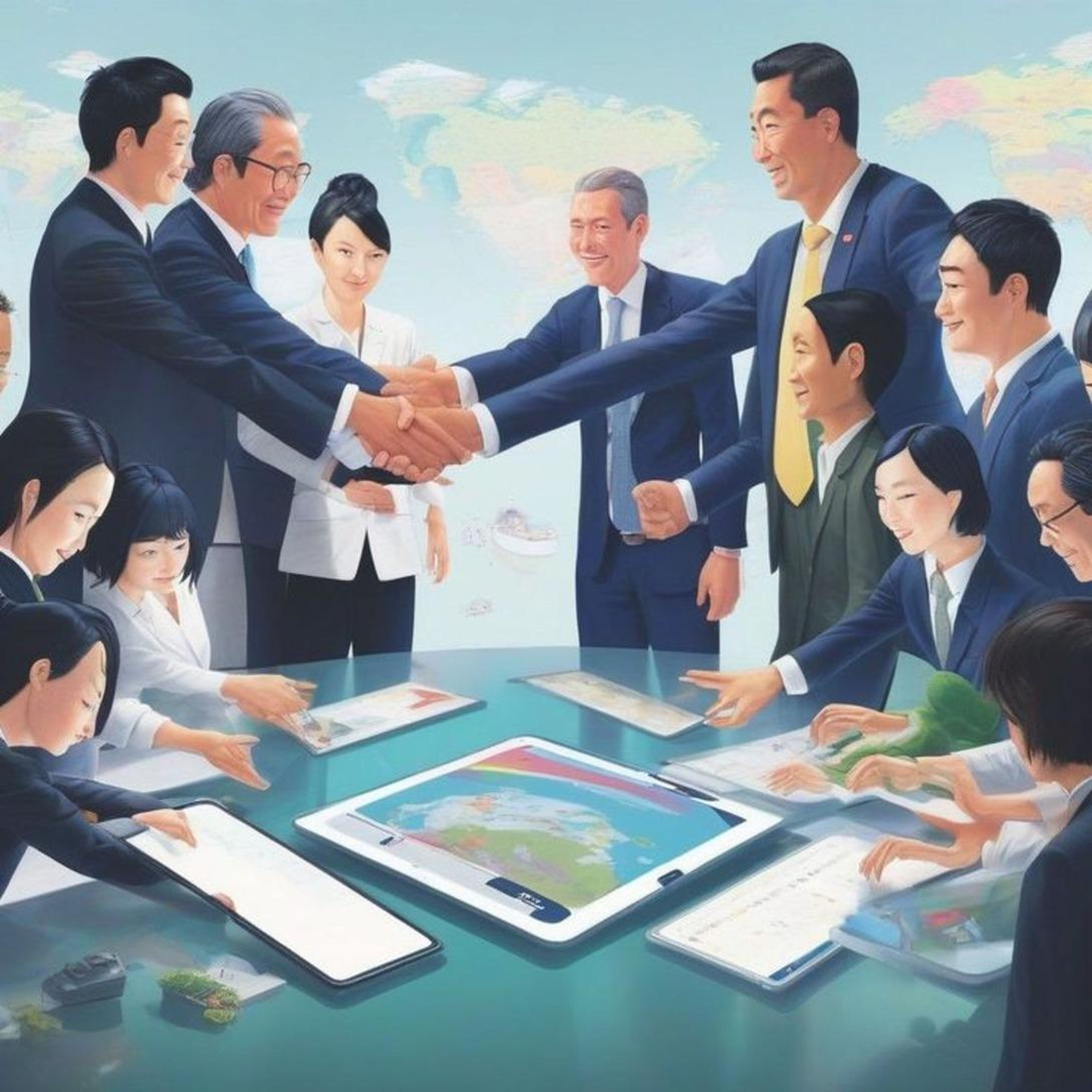 Illustration of Asian business leaders shaking hands at a conference table with tablets and a world map backdrop.