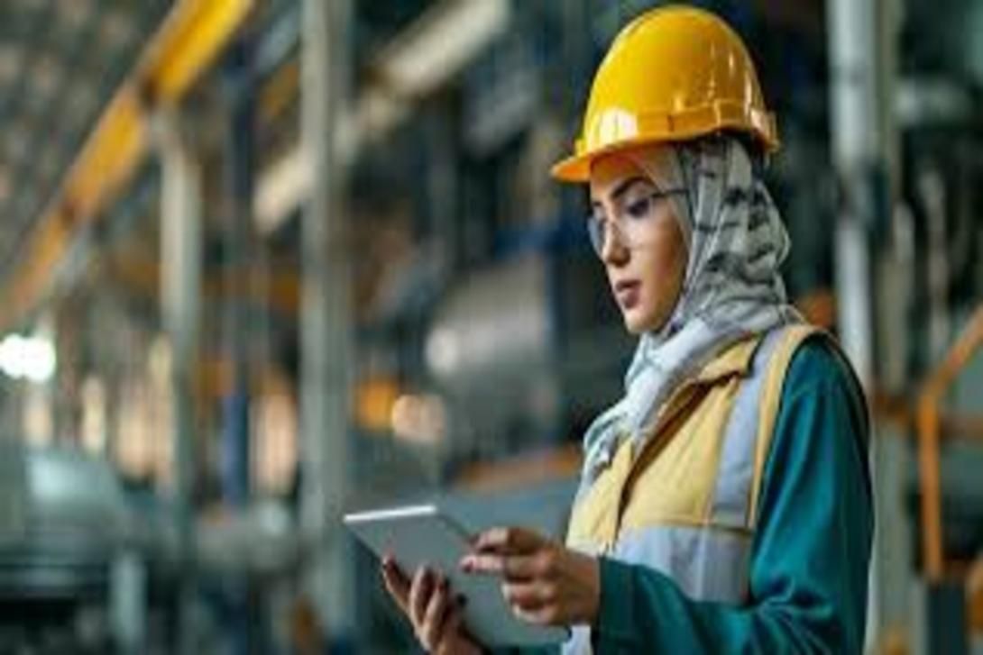 A woman in a yellow hard hat, hijab, and safety vest holds a tablet in an industrial facility.