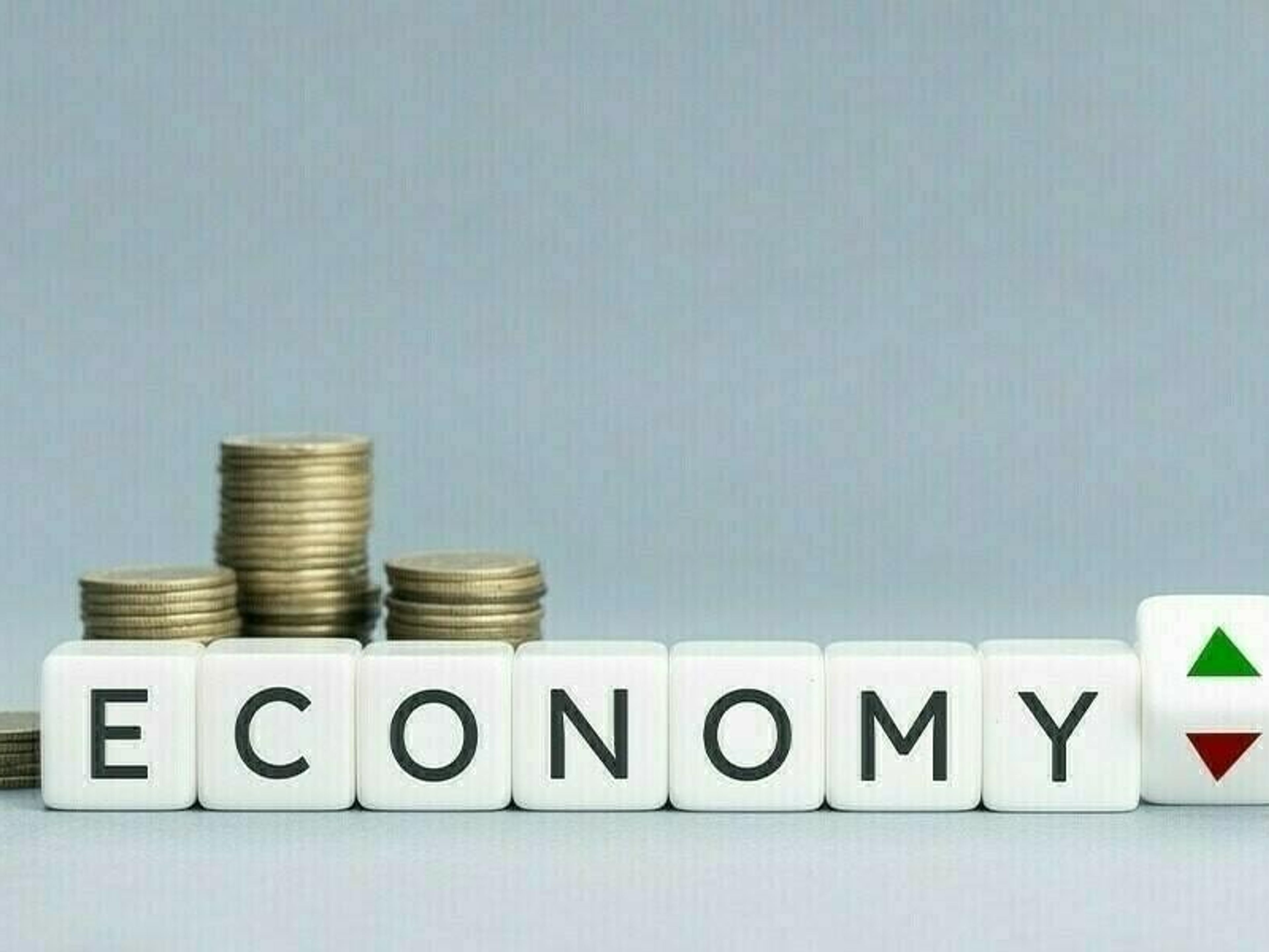 Blocks spelling "ECONOMY" with an up and down arrow symbol, next to stacks of coins.