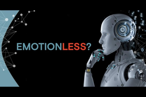 A humanoid robot in a thinking pose next to the text "EMOTIONLESS?".