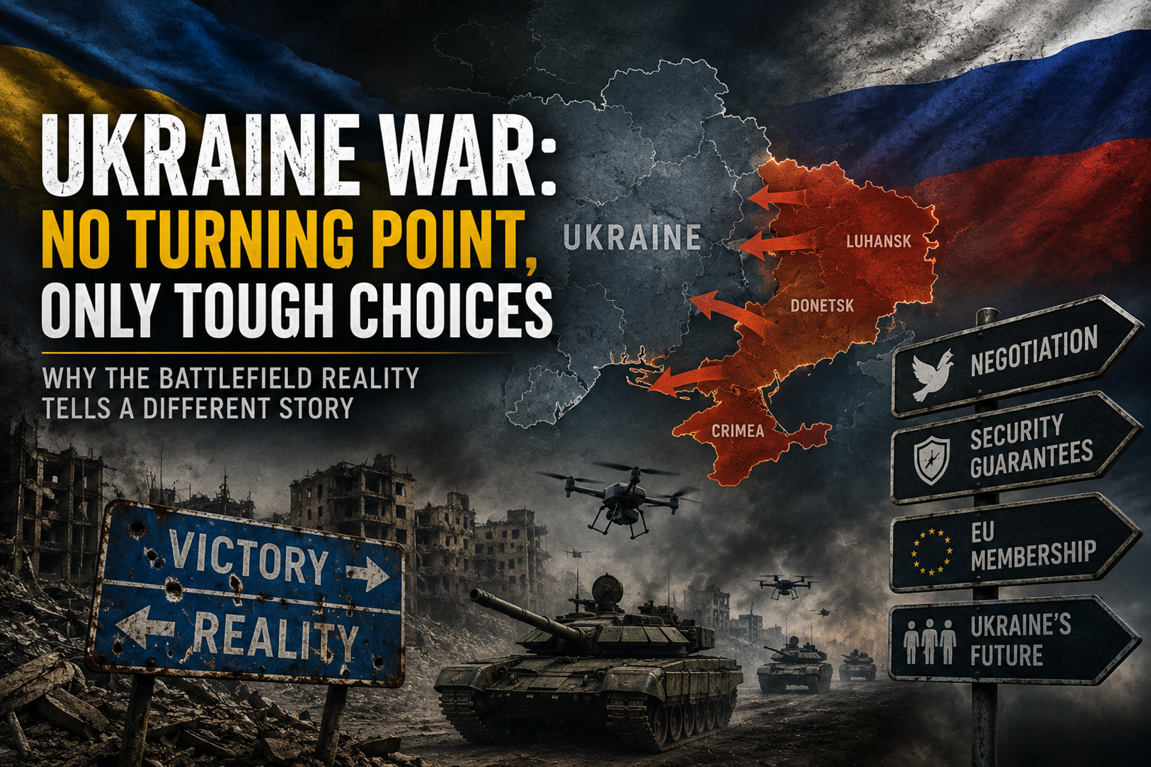 Poster about the Ukraine War, titled 'No Turning Point, Only Tough Choices,' featuring a map of Ukraine with disputed territories, a war-torn city with tanks and drones, and signs pointing to 'Victory' or 'Reality' and options like 'Negotiation,' 'Security Guarantees,' 'EU Membership,' and 'Ukraine's Future.'