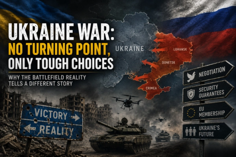 Poster about the Ukraine War, titled 'No Turning Point, Only Tough Choices,' featuring a map of Ukraine with disputed territories, a war-torn city with tanks and drones, and signs pointing to 'Victory' or 'Reality' and options like 'Negotiation,' 'Security Guarantees,' 'EU Membership,' and 'Ukraine's Future.'