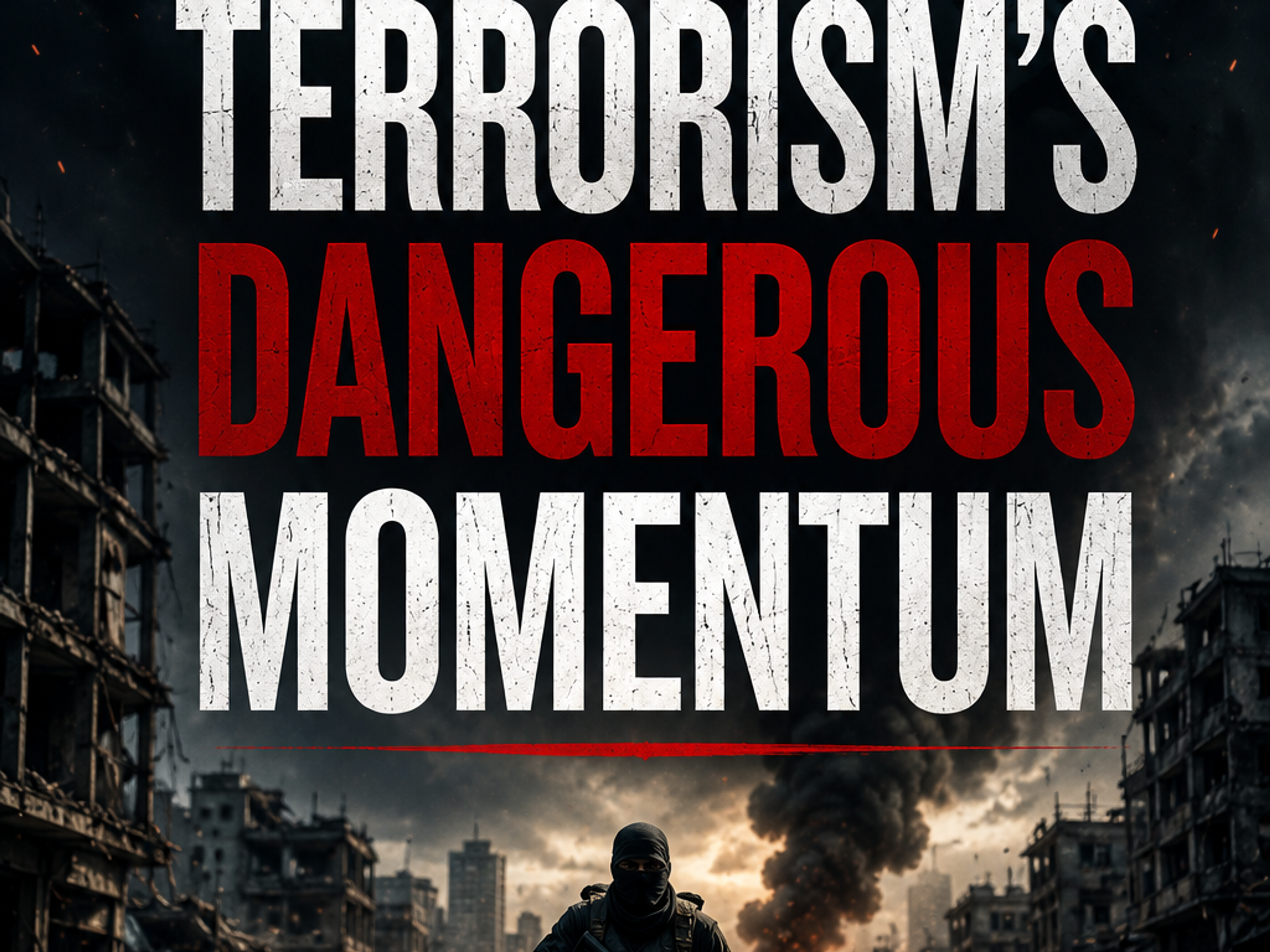 A poster for "Terrorism's Dangerous Momentum" showing a world map with targets and armed figures running through a devastated city.