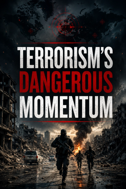 A poster for "Terrorism's Dangerous Momentum" showing a world map with targets and armed figures running through a devastated city.