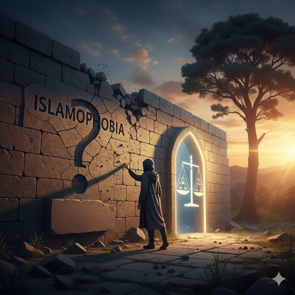 A hooded figure carves a question mark into a crumbling stone wall inscribed with "ISLAMOPHOBIA," revealing glowing scales of justice through an archway at sunset.