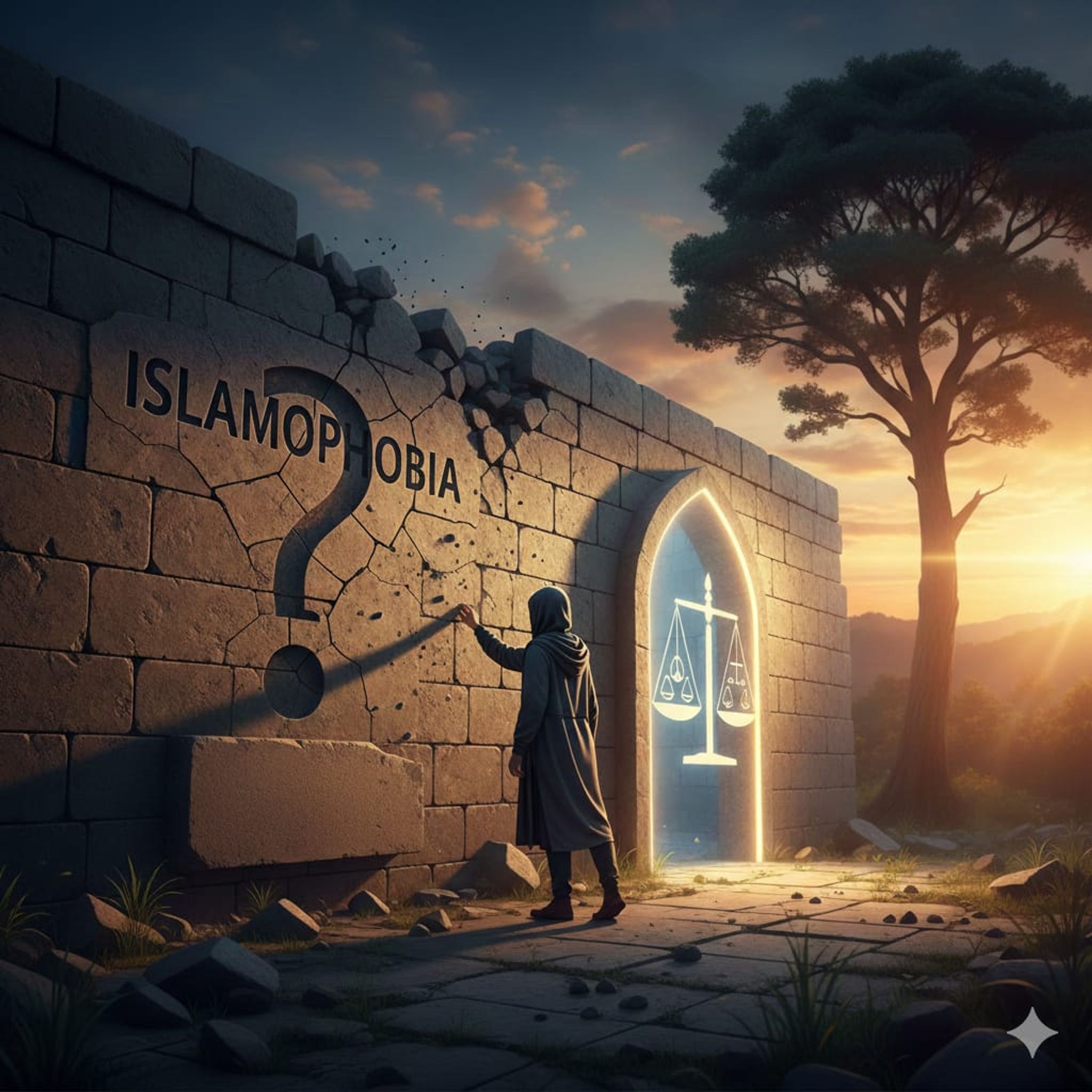 A hooded figure carves a question mark into a crumbling stone wall inscribed with "ISLAMOPHOBIA," revealing glowing scales of justice through an archway at sunset.