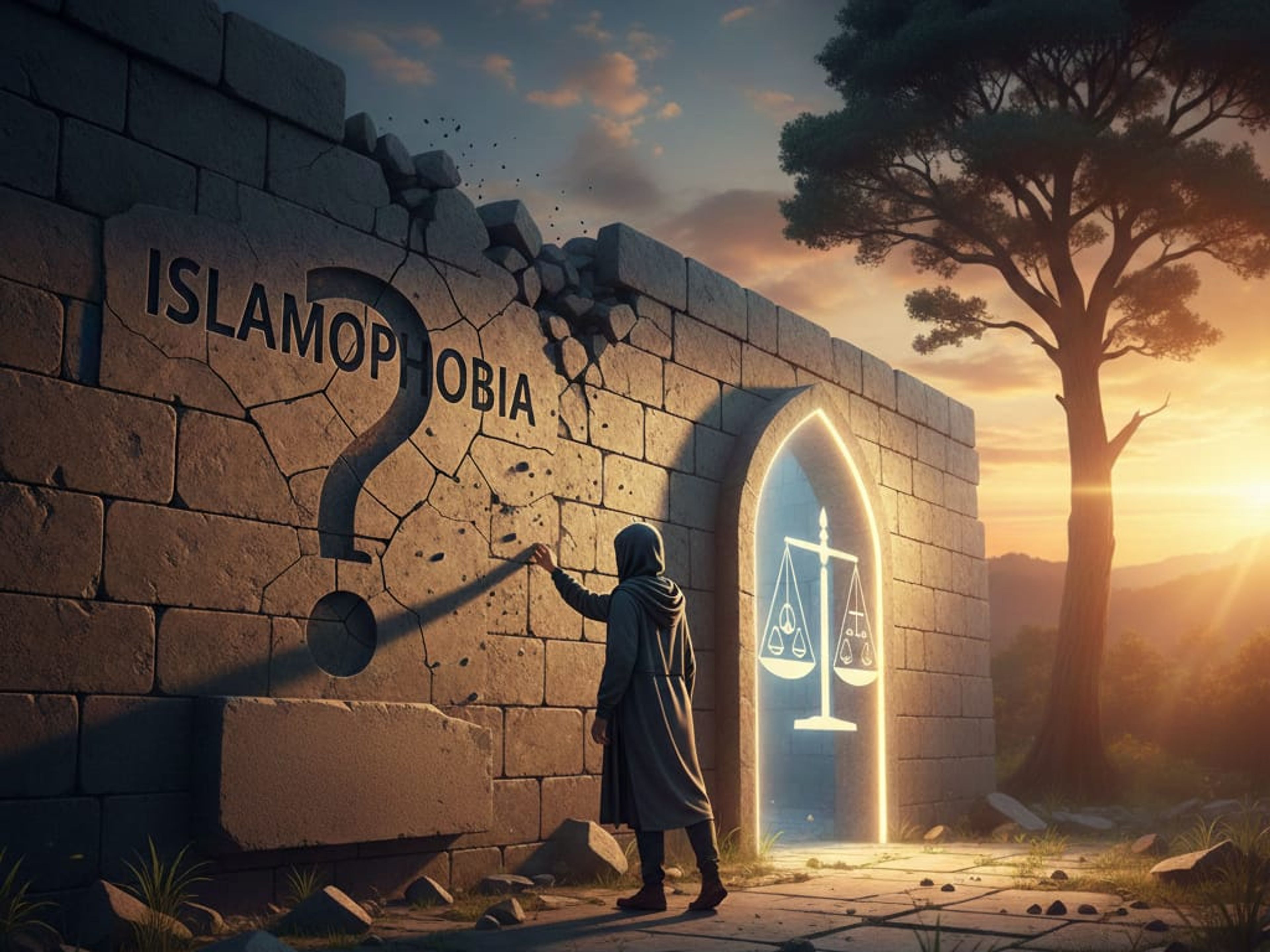 A hooded figure carves a question mark into a crumbling stone wall inscribed with "ISLAMOPHOBIA," revealing glowing scales of justice through an archway at sunset.