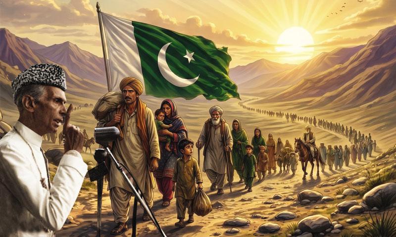 Muhammad Ali Jinnah addresses a podium beside a large Pakistan flag, as a long procession of people migrates through a desert at sunrise.