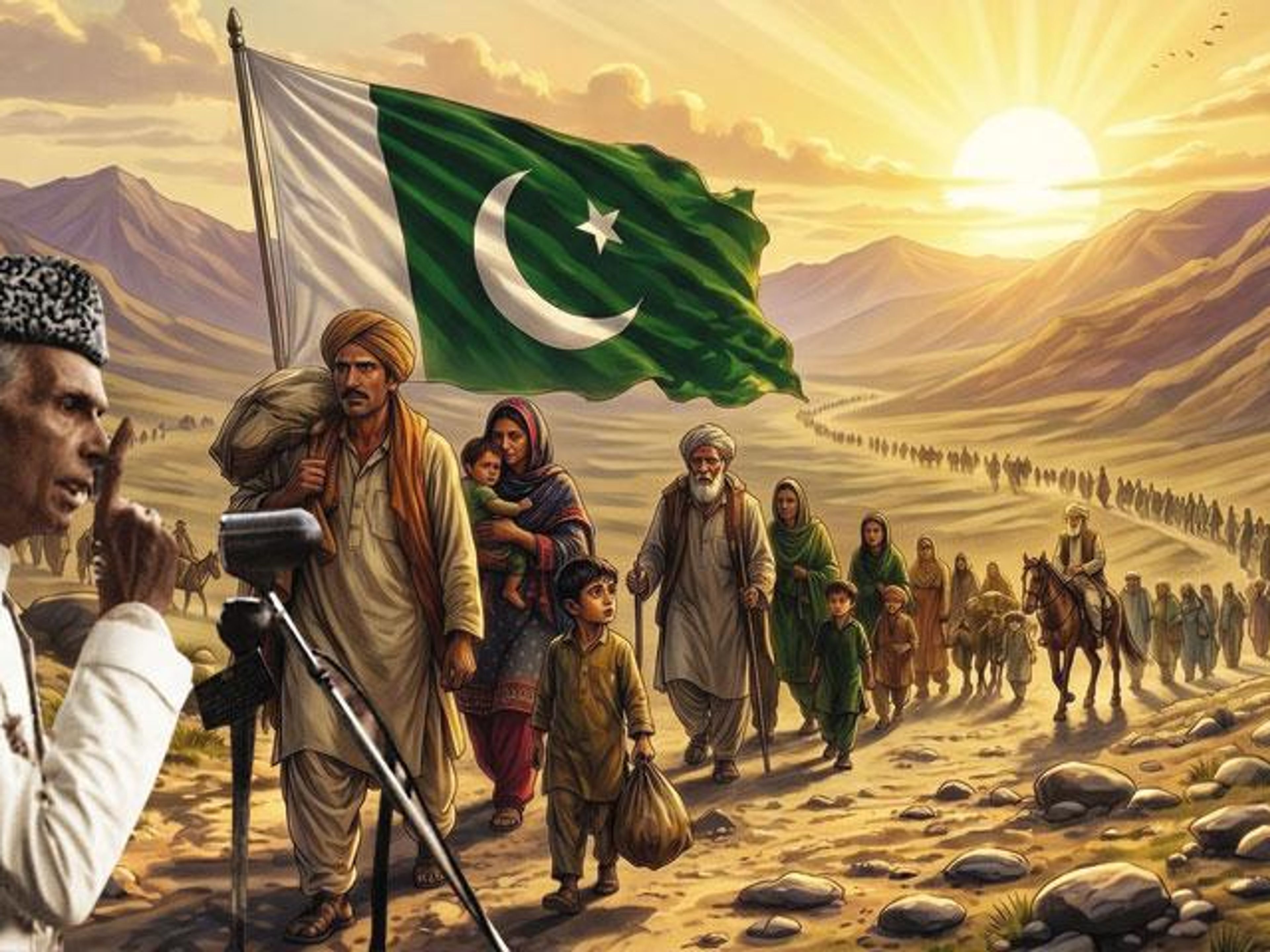 Muhammad Ali Jinnah addresses a podium beside a large Pakistan flag, as a long procession of people migrates through a desert at sunrise.