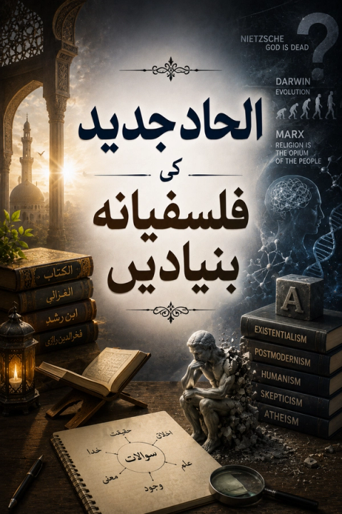 A detailed composite image exploring the philosophical foundations of modern atheism, contrasting traditional Islamic elements like a mosque and classical Arabic texts with Western philosophical and scientific concepts, including a disintegrating "Thinker" statue, books on atheism and existentialism, and references to Nietzsche, Darwin, and Marx.