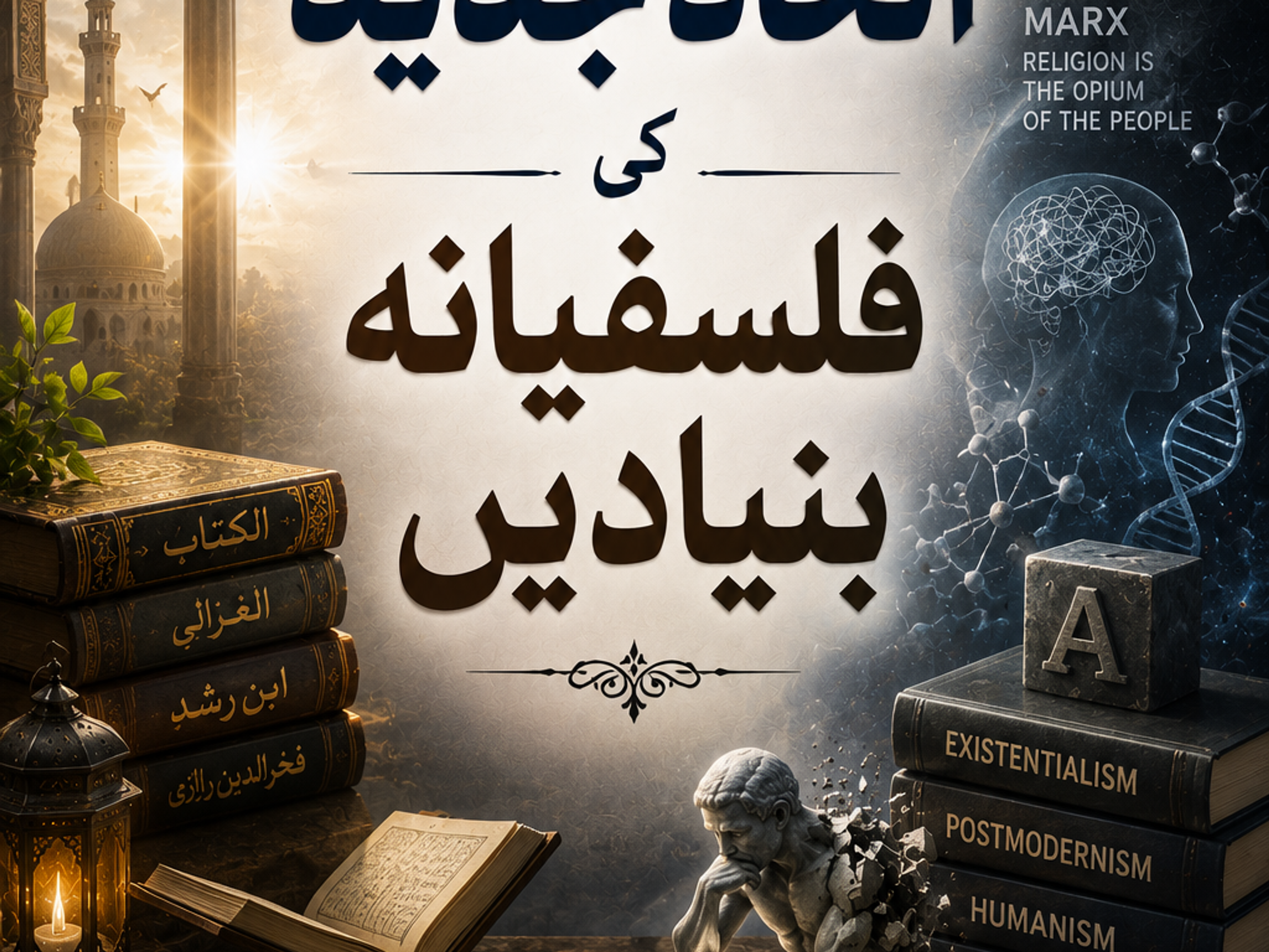 A detailed composite image exploring the philosophical foundations of modern atheism, contrasting traditional Islamic elements like a mosque and classical Arabic texts with Western philosophical and scientific concepts, including a disintegrating "Thinker" statue, books on atheism and existentialism, and references to Nietzsche, Darwin, and Marx.