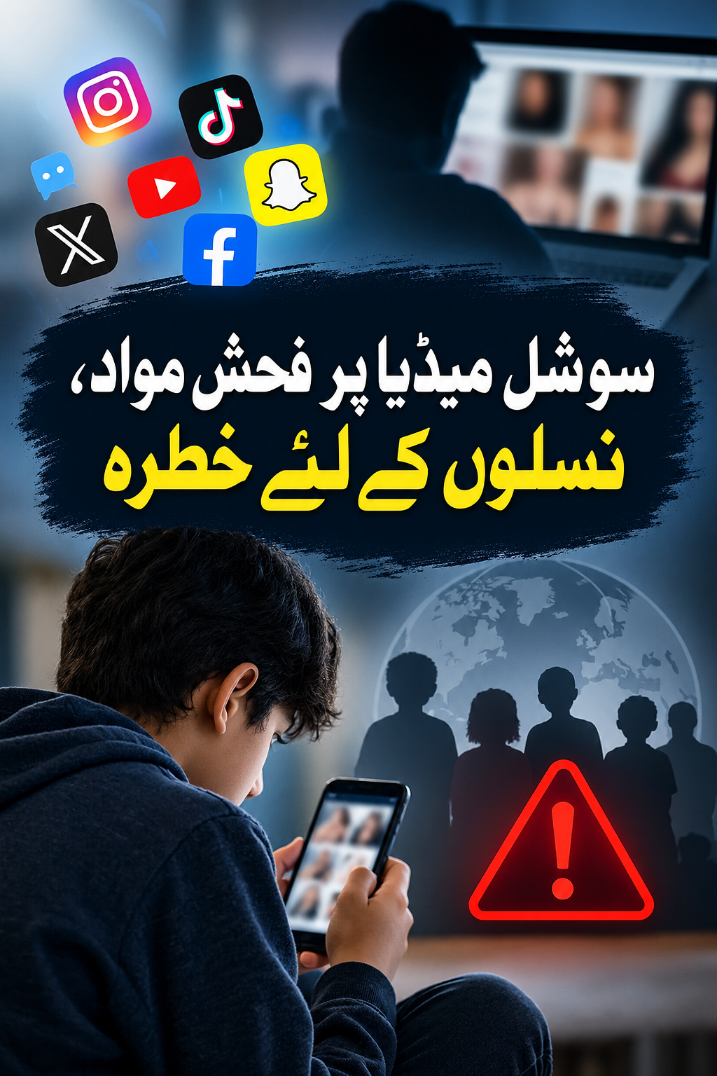 Warning against obscene social media content: A youth looks at blurred images on a phone, another person at a laptop with similar content, surrounded by social media icons and a warning sign above child silhouettes.