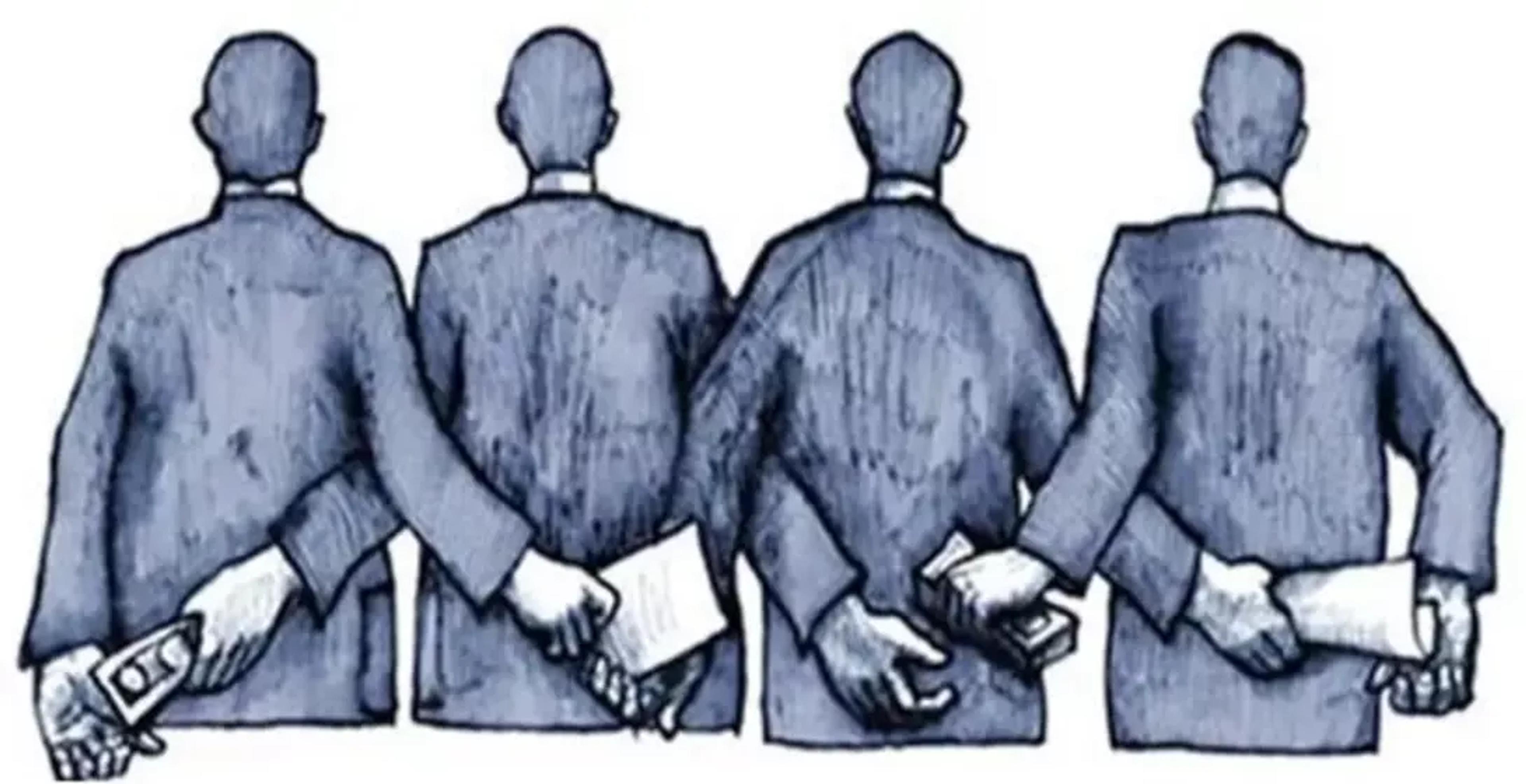 Four men in suits passing money and documents to each other behind their backs.
