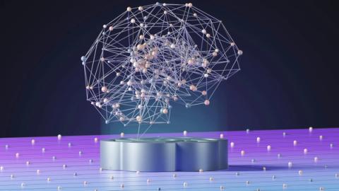 A 3D rendering of a human brain formed by a network of glowing nodes and lines, floating above a metal pedestal on a gradient purple surface dotted with small spheres.
