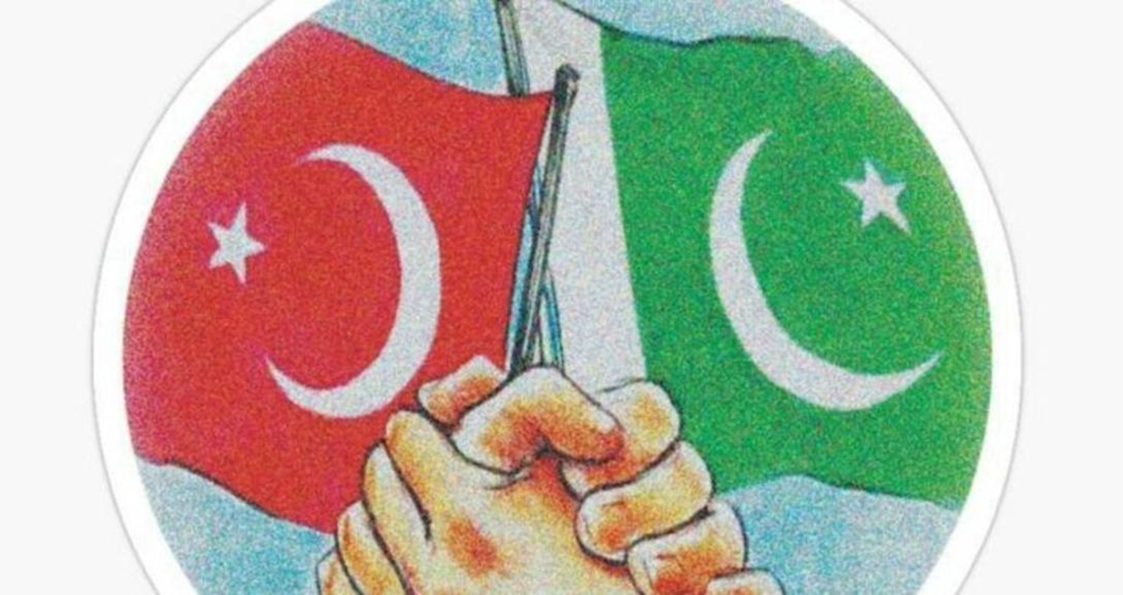 Illustration of two clasped hands holding the Turkish and Pakistani flags.