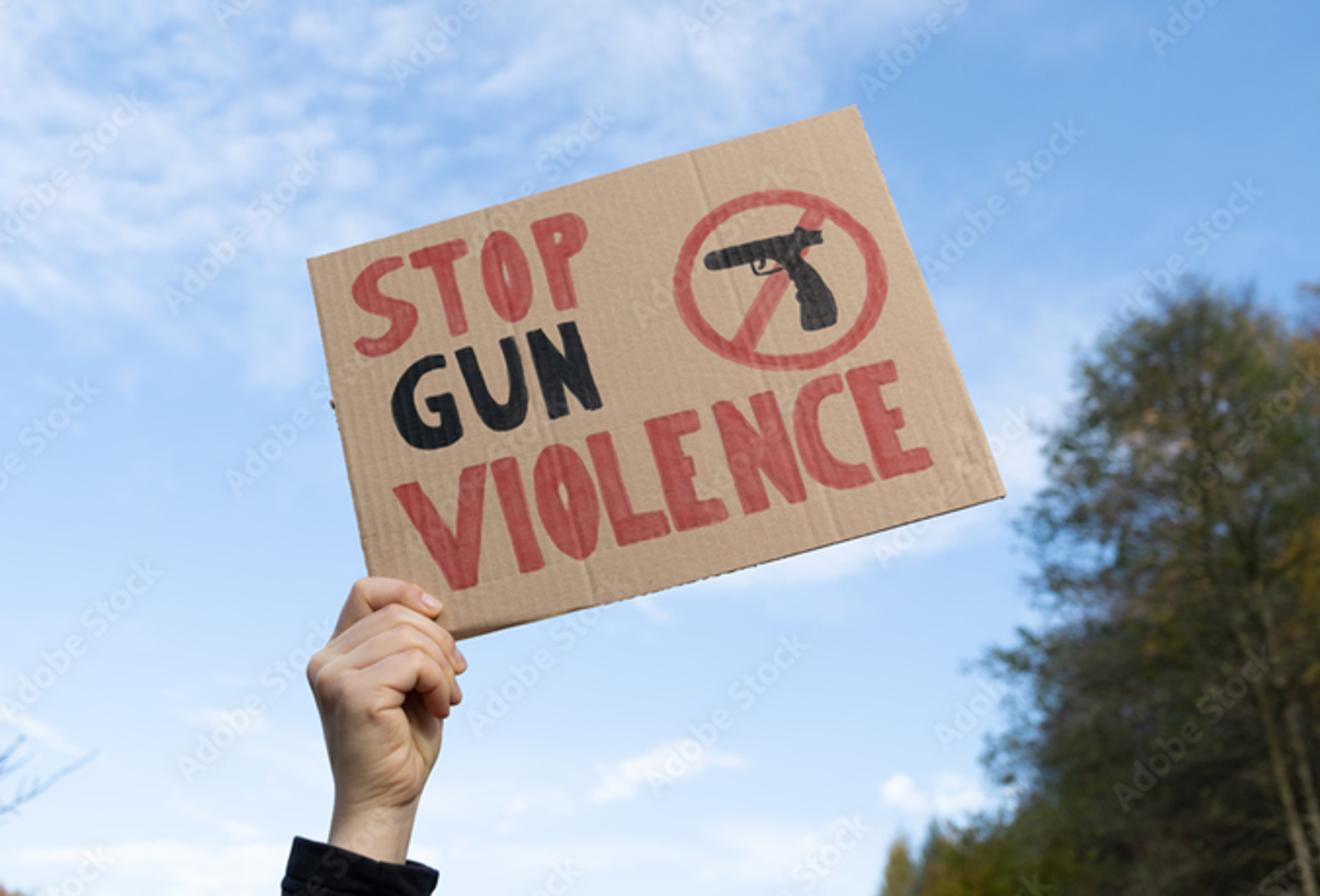 A hand holds a cardboard sign that says "STOP GUN VIOLENCE" with a crossed-out gun symbol against a blue sky.