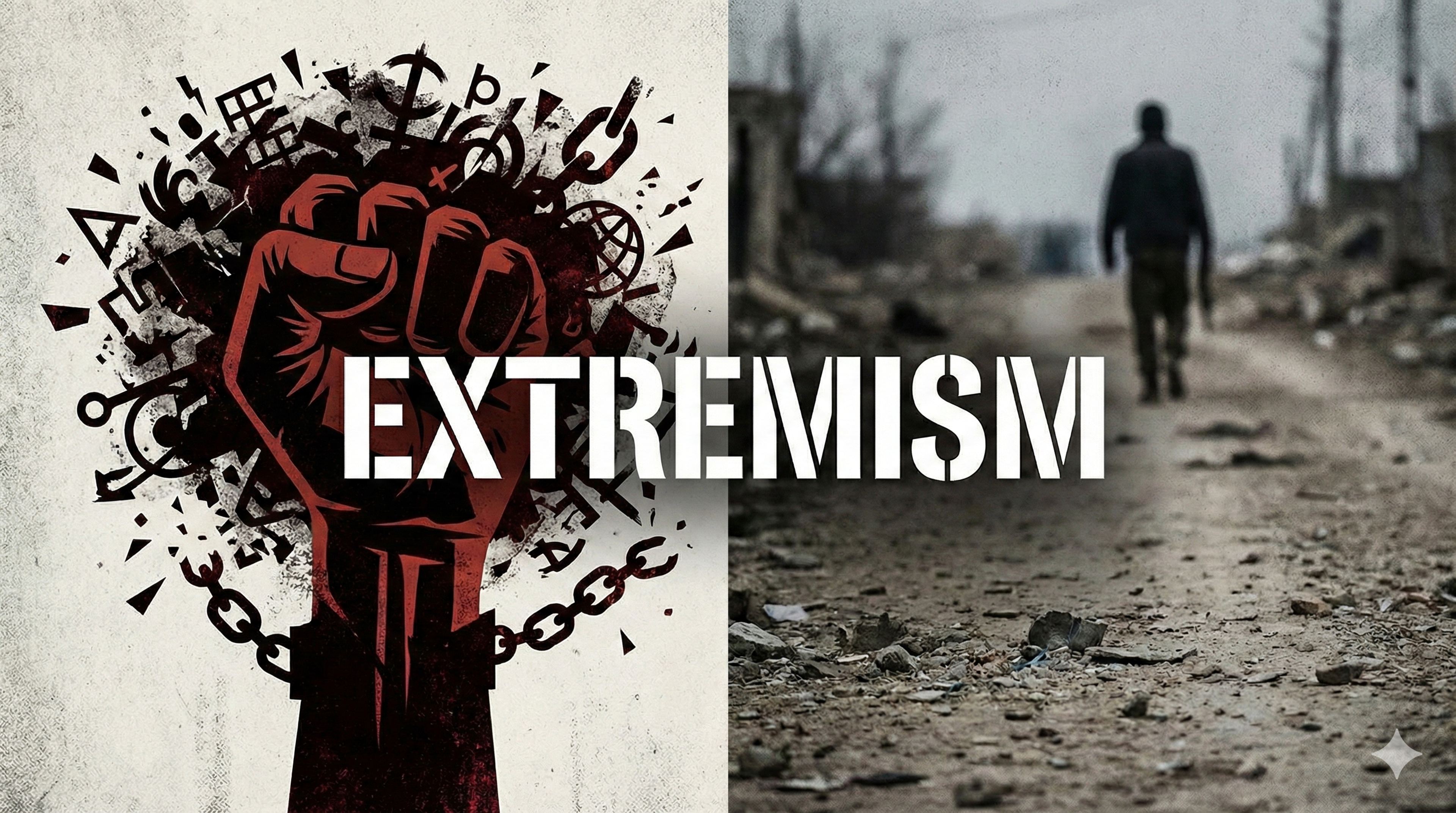 A red, chained fist surrounded by symbols on the left, a person walks down a ruined road on the right, with the word EXTREMISM across the center.