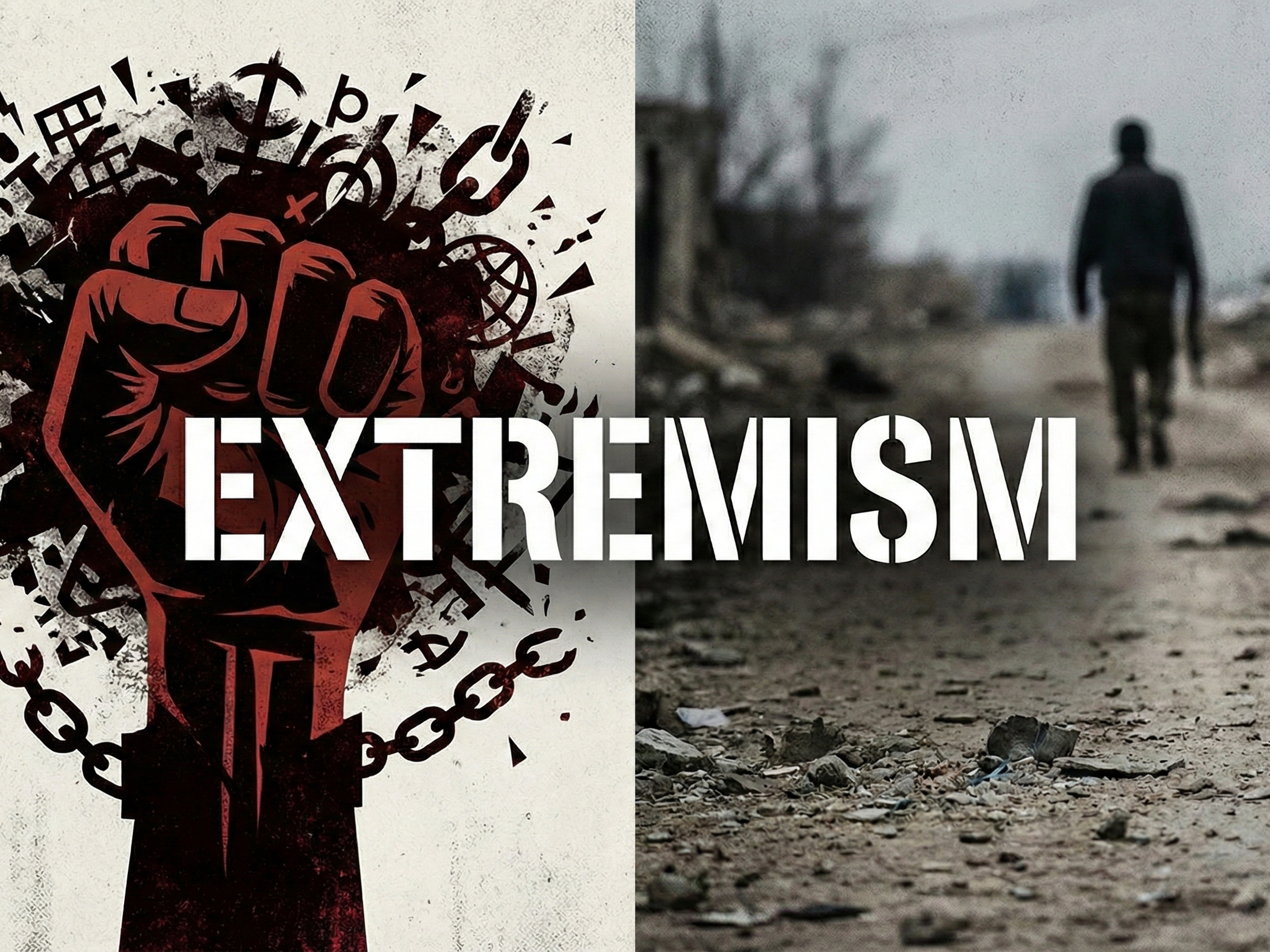 A red, chained fist surrounded by symbols on the left, a person walks down a ruined road on the right, with the word EXTREMISM across the center.