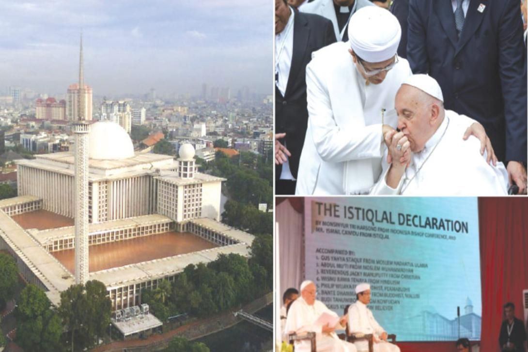 A collage showing an aerial view of Jakarta's Istiqlal Mosque, Pope Francis kissing a Muslim cleric's hand, and religious leaders at "The Istiqlal Declaration" event.