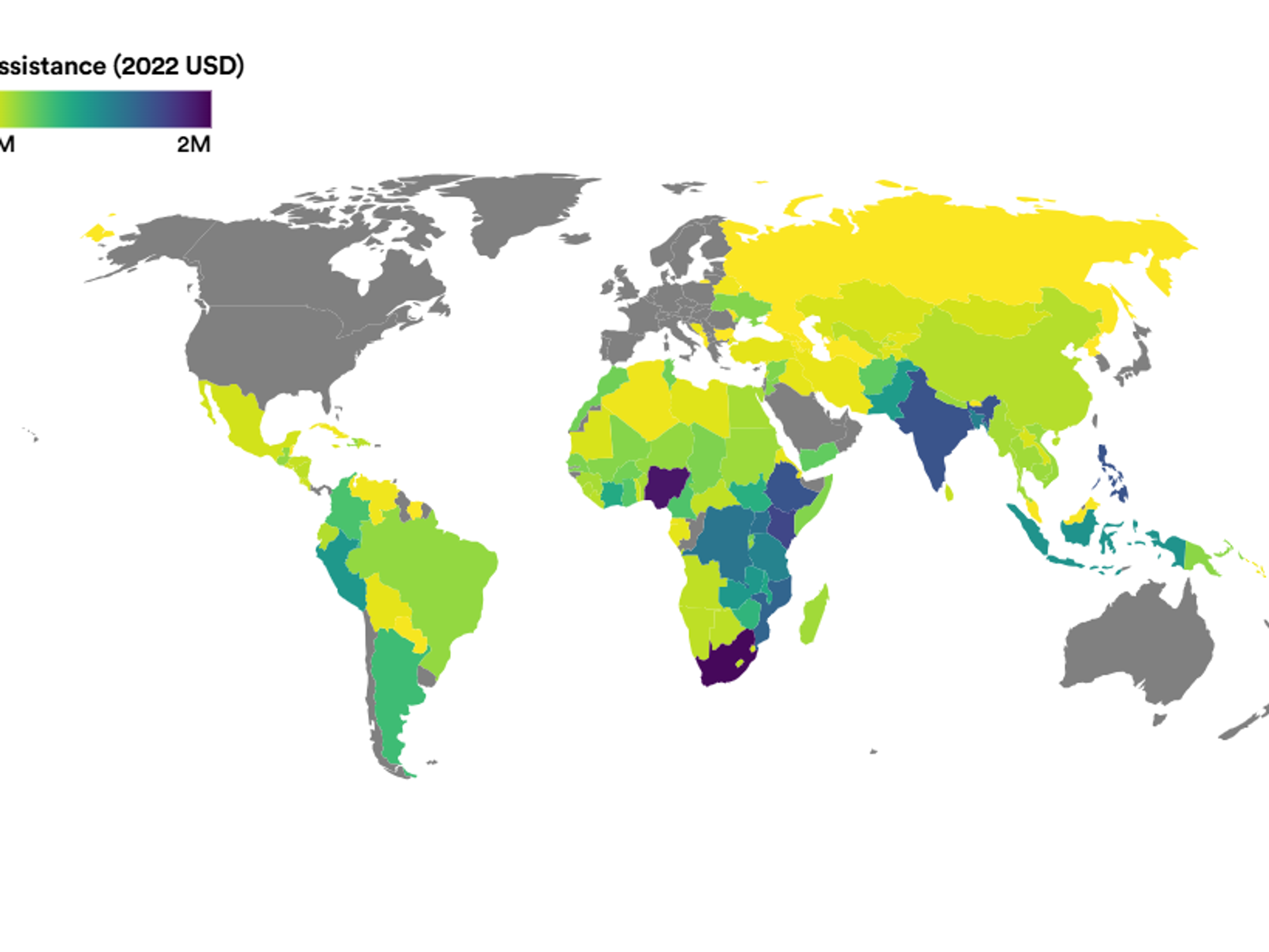 World map showing assistance in 2022 USD, with countries colored from yellow (0M) to dark purple (2M). Gray indicates no data.