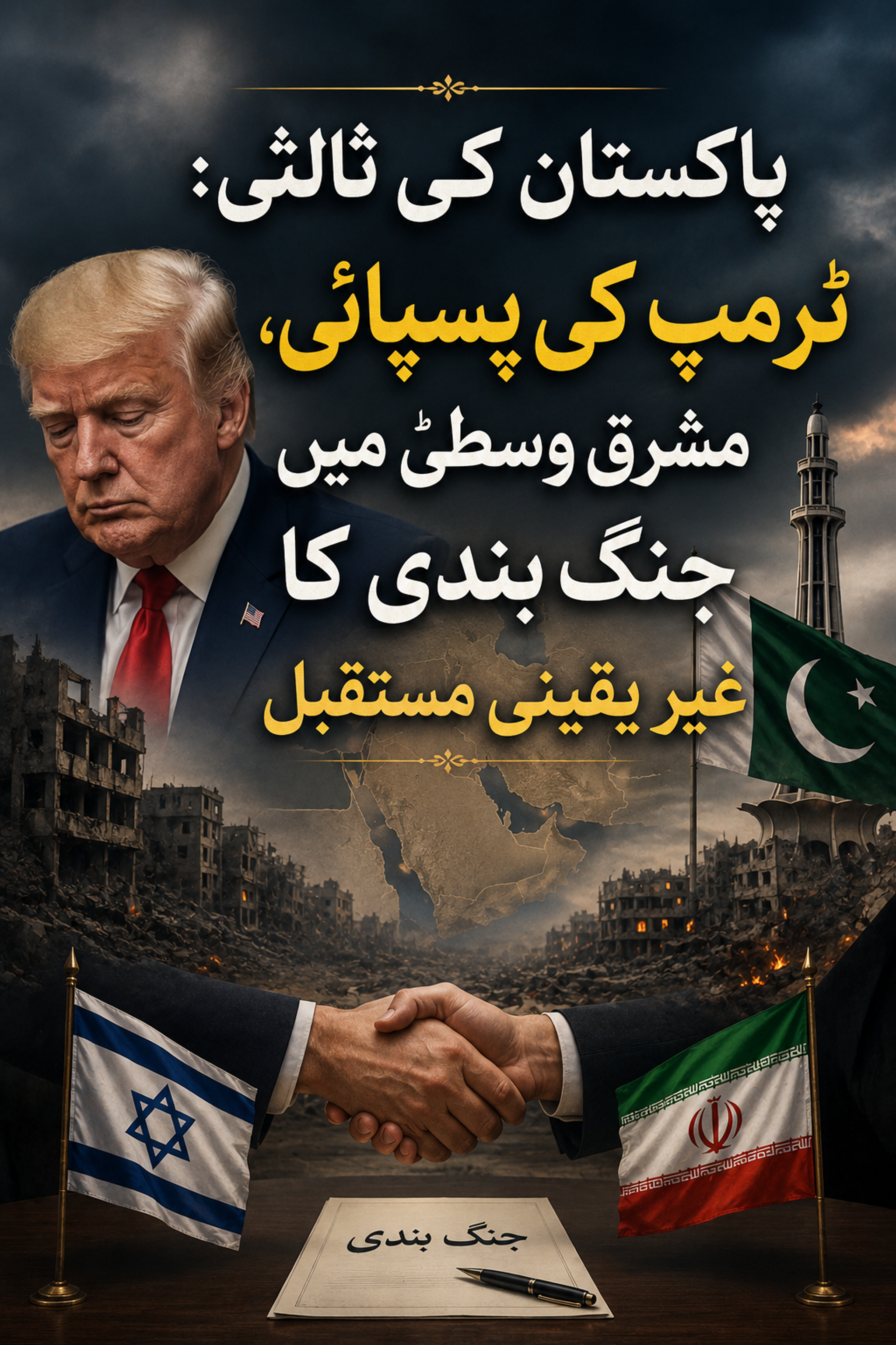 A political graphic showing Donald Trump, a map of the Middle East over war-torn cities, a Pakistani flag, and a handshake between Israeli and Iranian flags above a 'Ceasefire' document, with Urdu text.