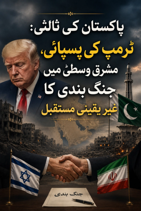 A political graphic showing Donald Trump, a map of the Middle East over war-torn cities, a Pakistani flag, and a handshake between Israeli and Iranian flags above a 'Ceasefire' document, with Urdu text.