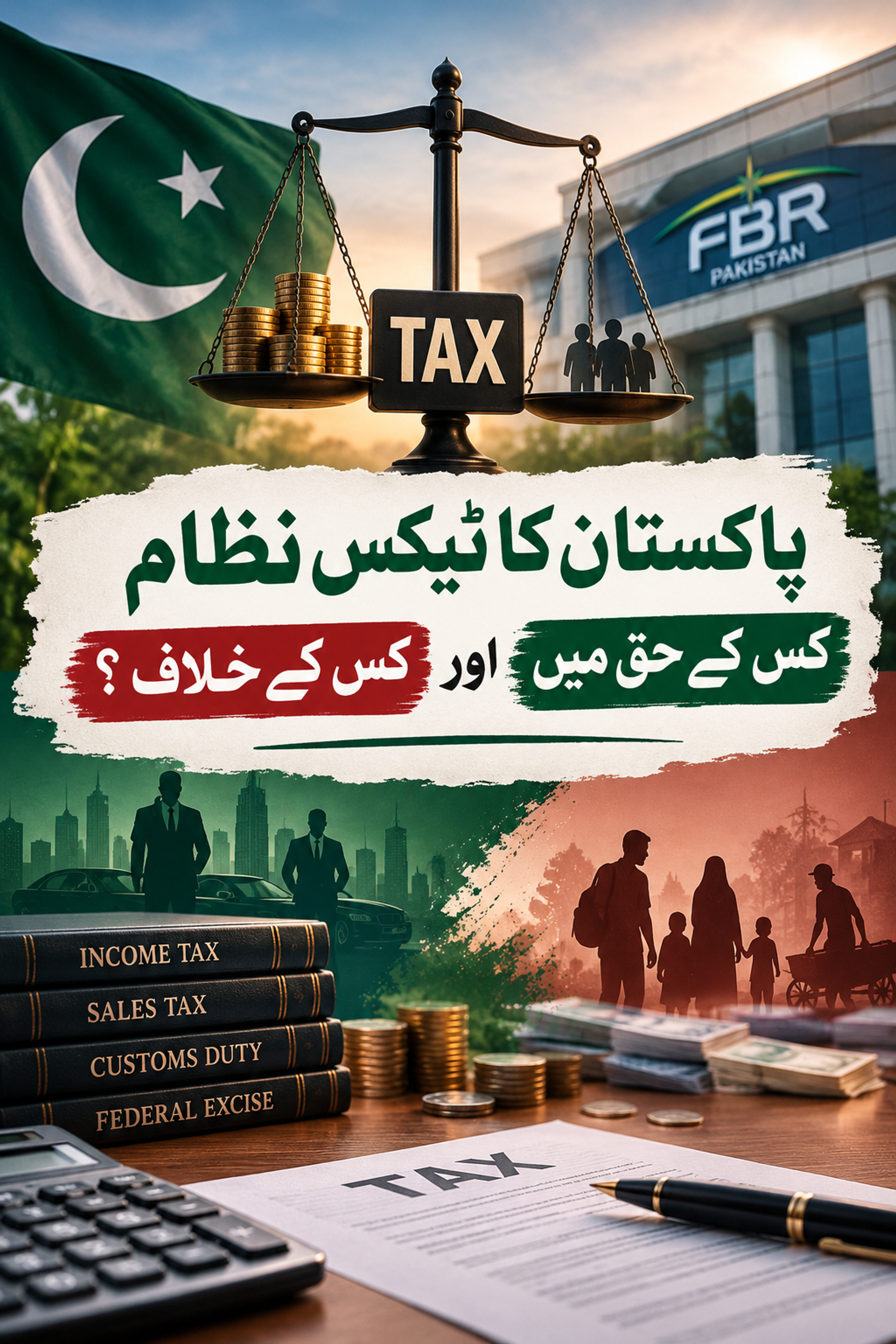 An infographic on Pakistan's tax system featuring a justice scale balancing money and people, with a Pakistani flag and FBR building. Below, businessmen and tax books contrast with families and cash, under Urdu text asking 'Pakistan's tax system, for whom and against whom?'