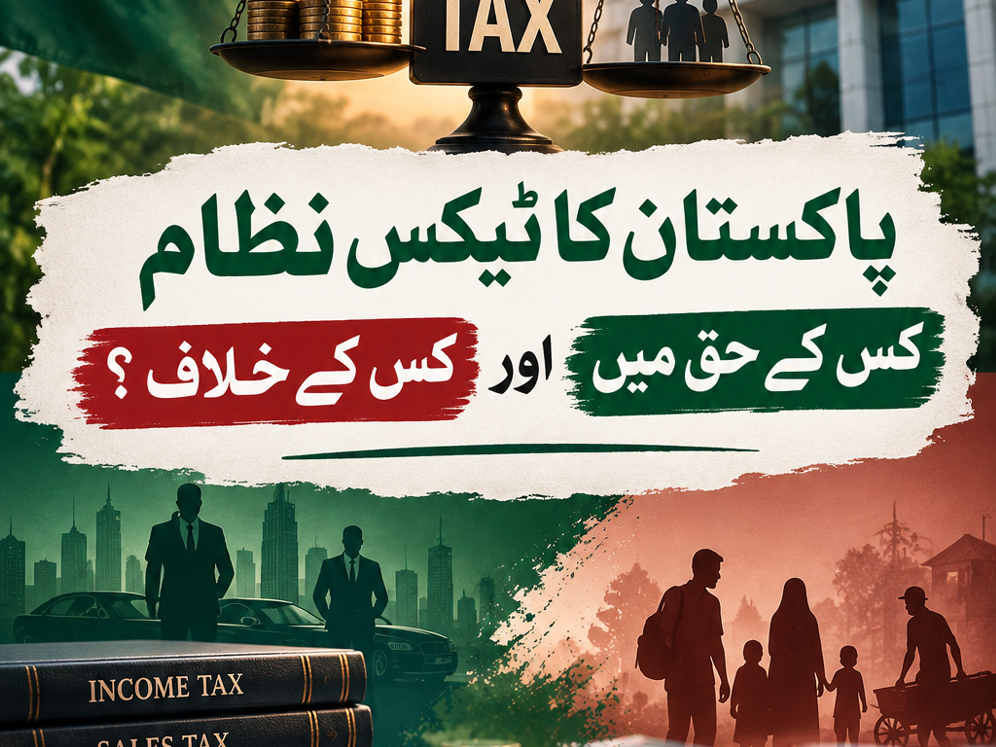 An infographic on Pakistan's tax system featuring a justice scale balancing money and people, with a Pakistani flag and FBR building. Below, businessmen and tax books contrast with families and cash, under Urdu text asking 'Pakistan's tax system, for whom and against whom?'