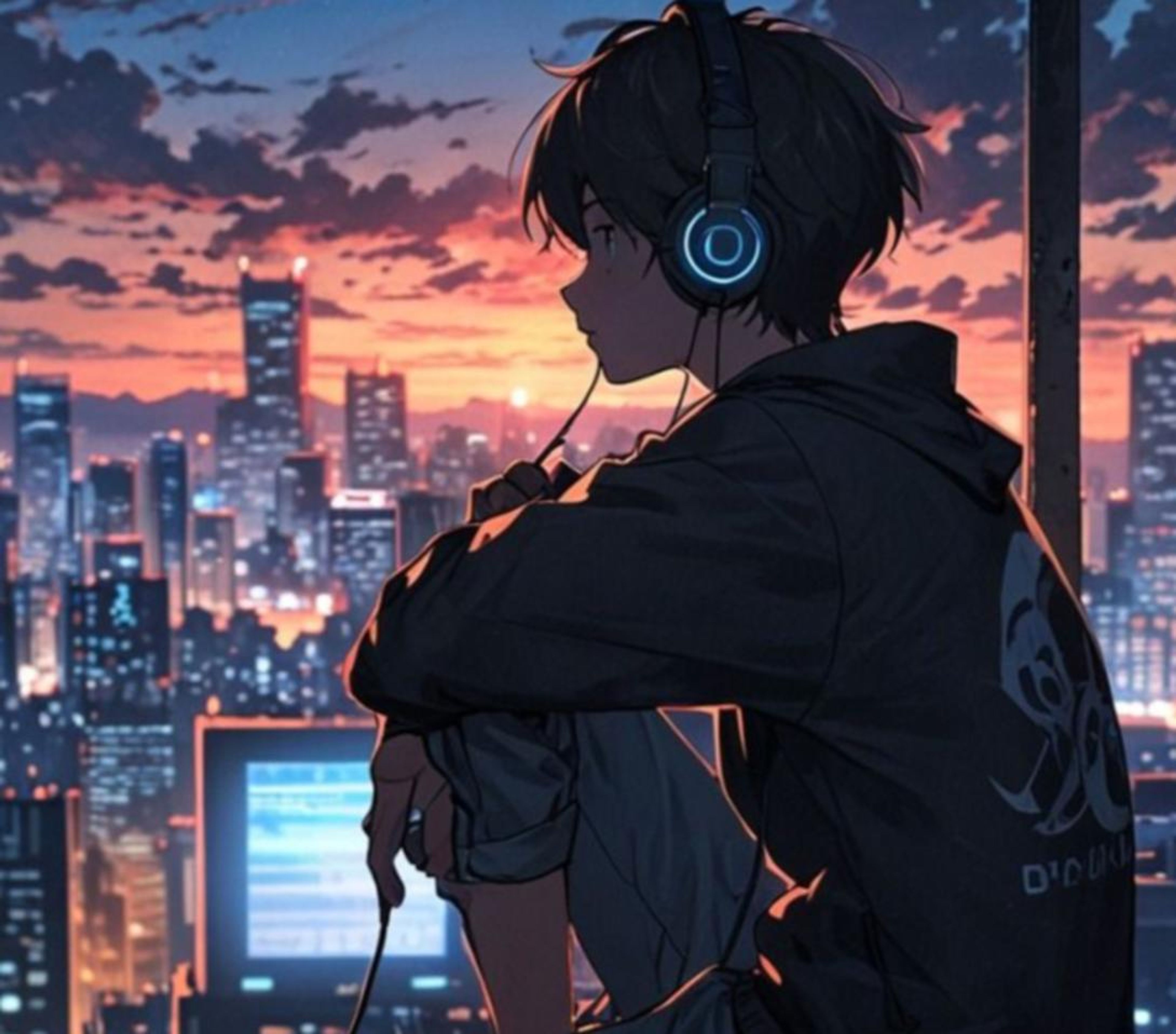 Anime boy with glowing headphones watches city sunset over a city skyline.