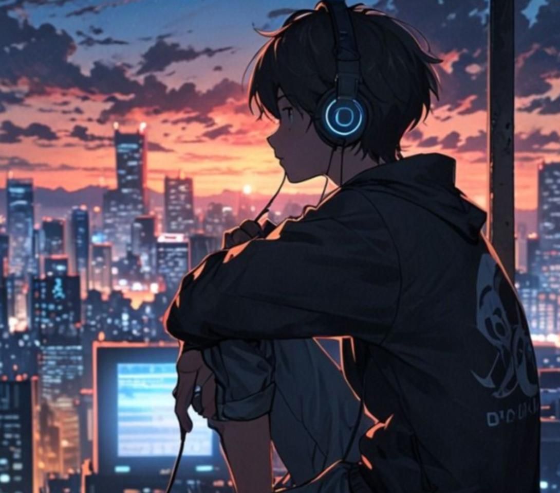 Anime boy with glowing headphones watches city sunset over a city skyline.
