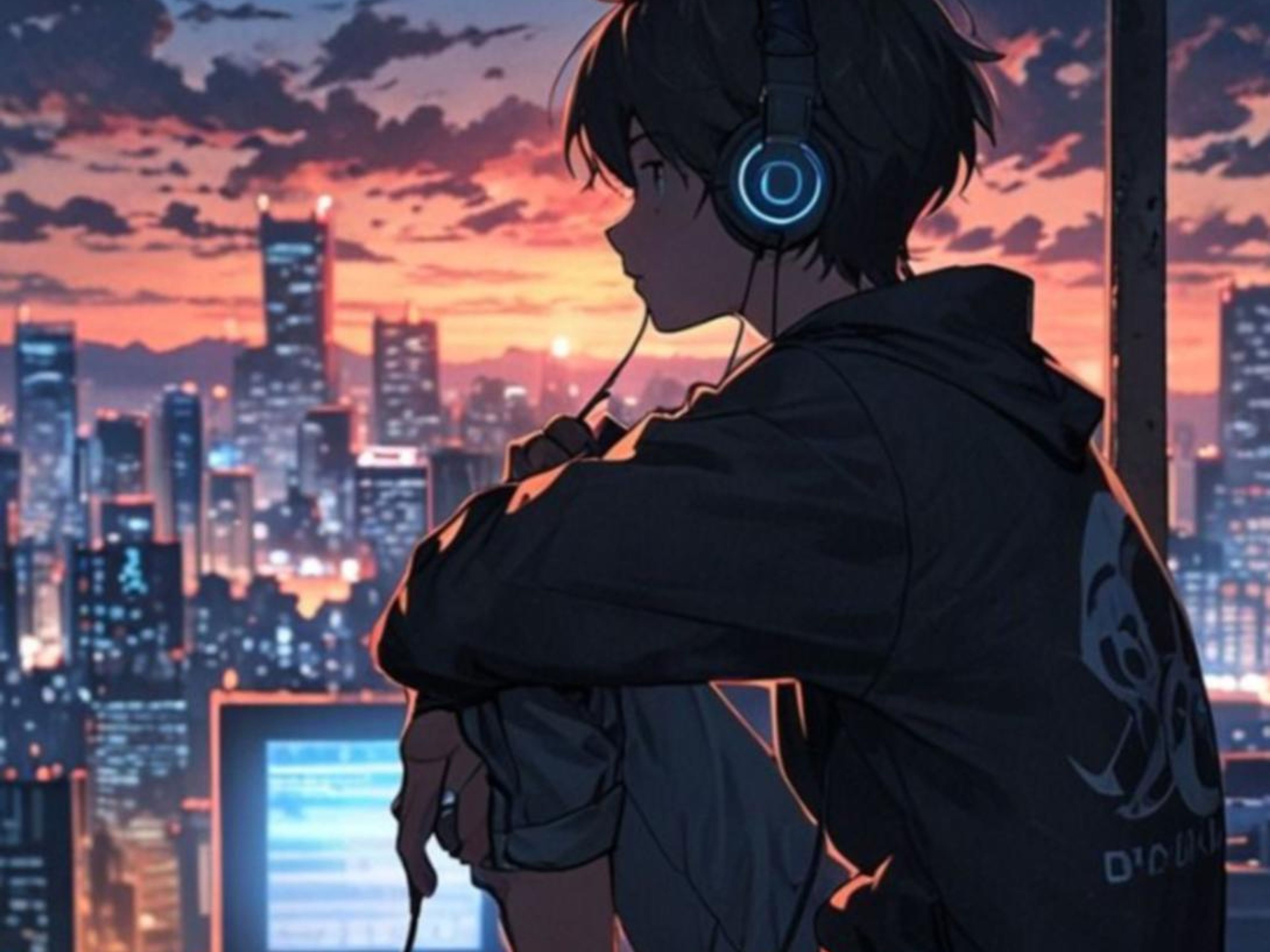 Anime boy with glowing headphones watches city sunset over a city skyline.