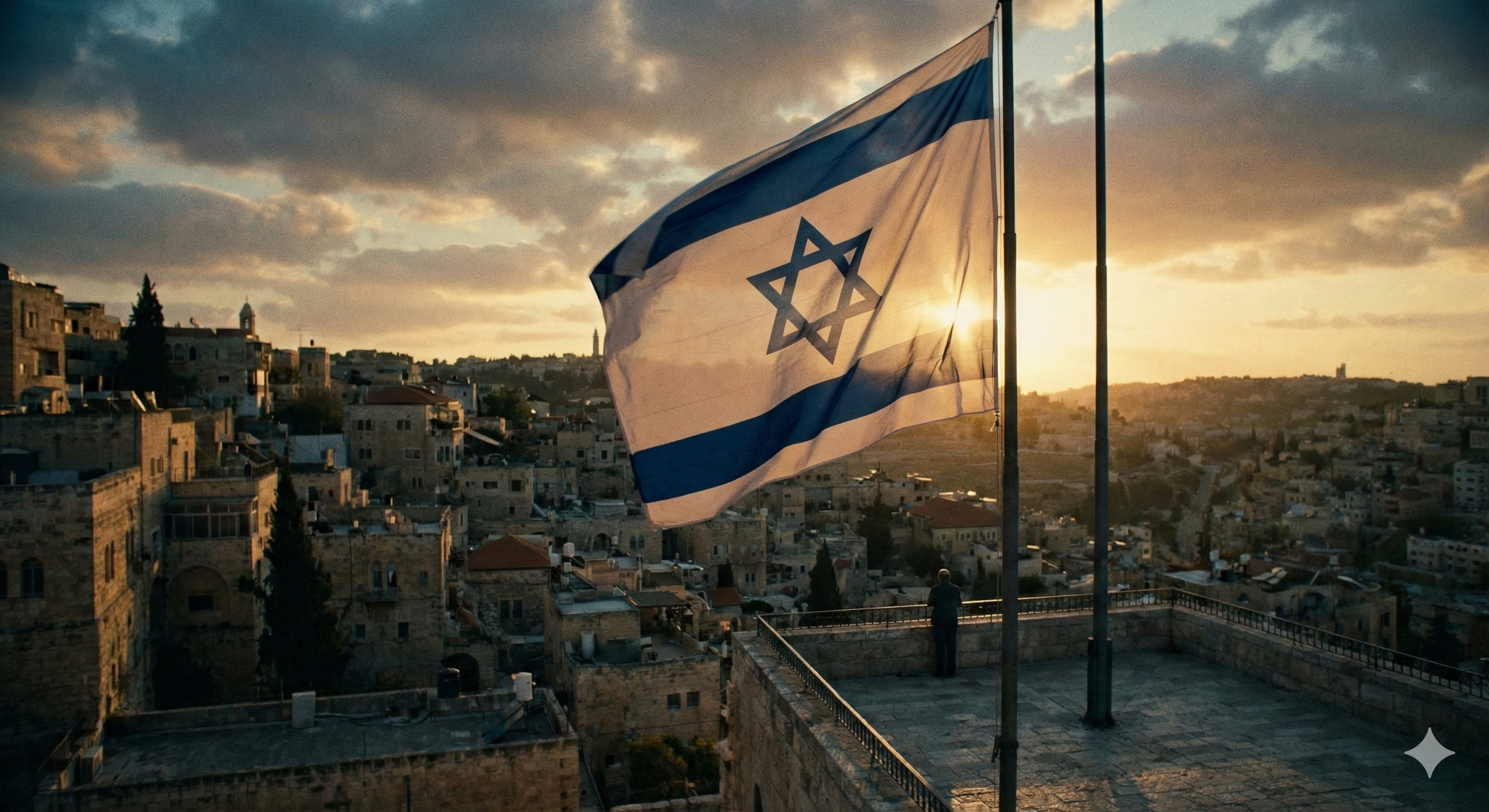 Israeli flag waving over an old stone city at sunset.