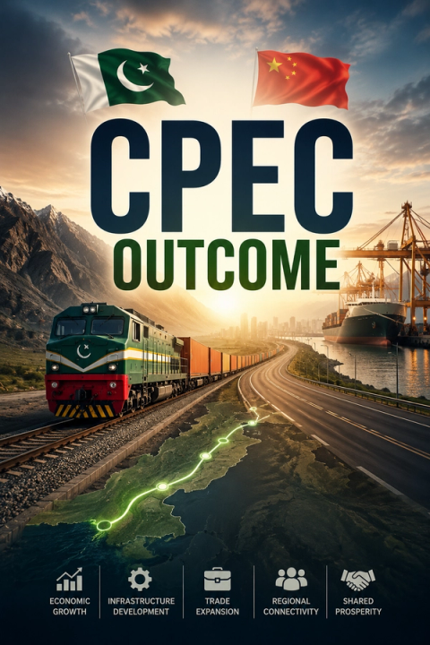 Graphic for CPEC Outcome, showing flags of Pakistan and China above diverse transport infrastructure (train, highway, port) with a glowing map route. Icons below list economic growth, infrastructure, trade, connectivity, and prosperity.