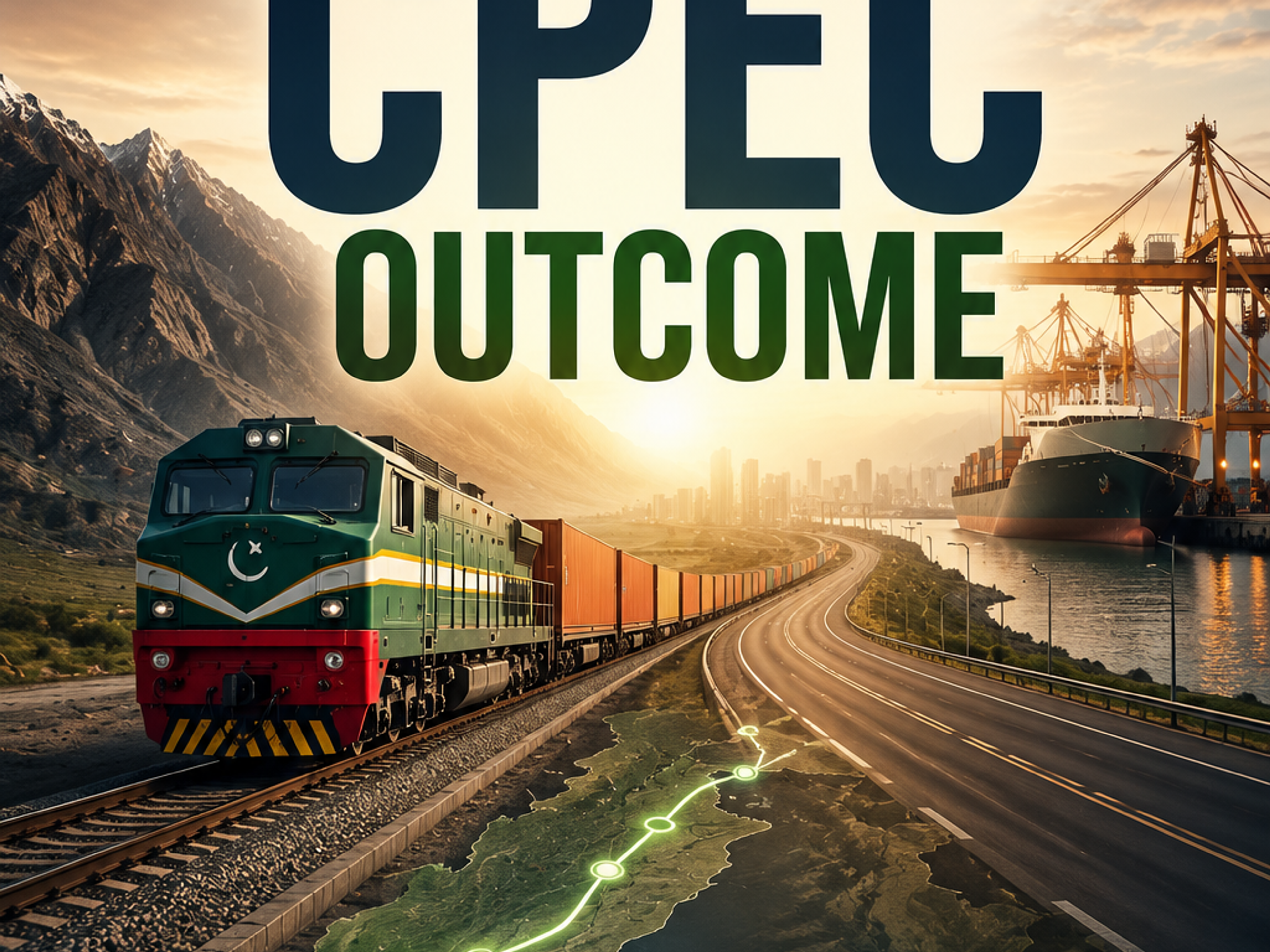 Graphic for CPEC Outcome, showing flags of Pakistan and China above diverse transport infrastructure (train, highway, port) with a glowing map route. Icons below list economic growth, infrastructure, trade, connectivity, and prosperity.