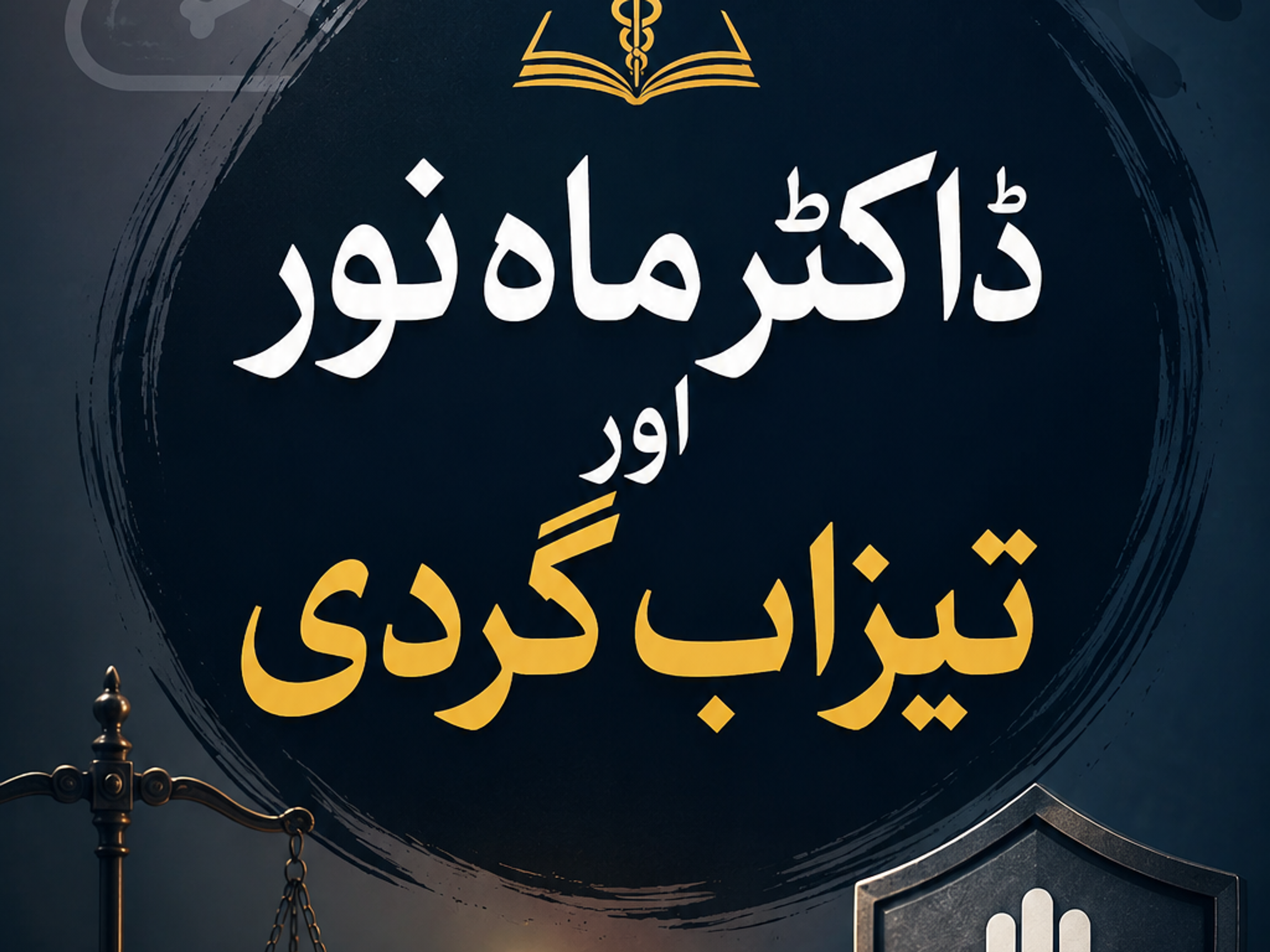 A dark graphic with the Urdu title 'Dr. Mahnoor and Acid Terrorism,' featuring symbolic imagery of danger, justice, healing, protection, and new life.