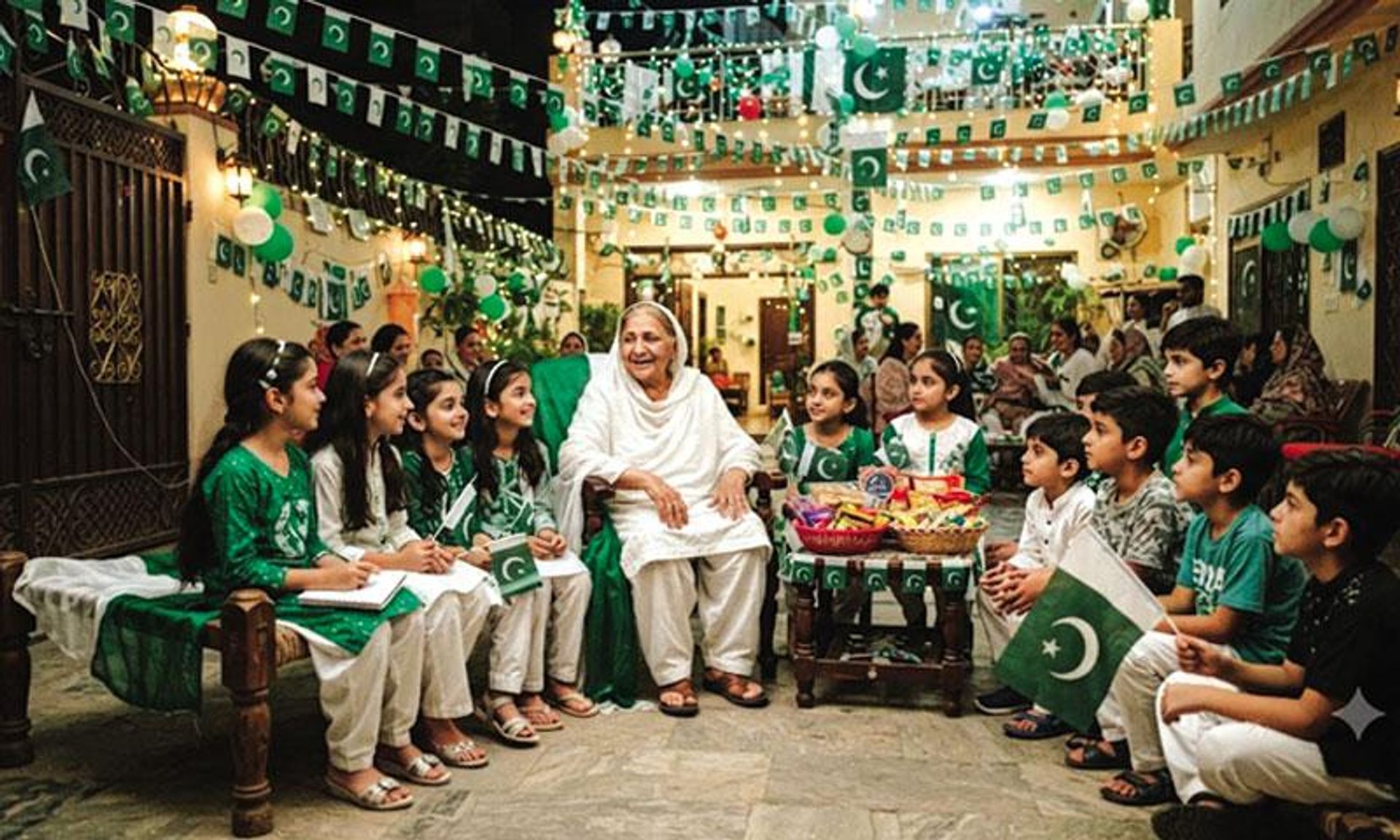 An older woman sits among children dressed in green and white, surrounded by Pakistani flag decorations.