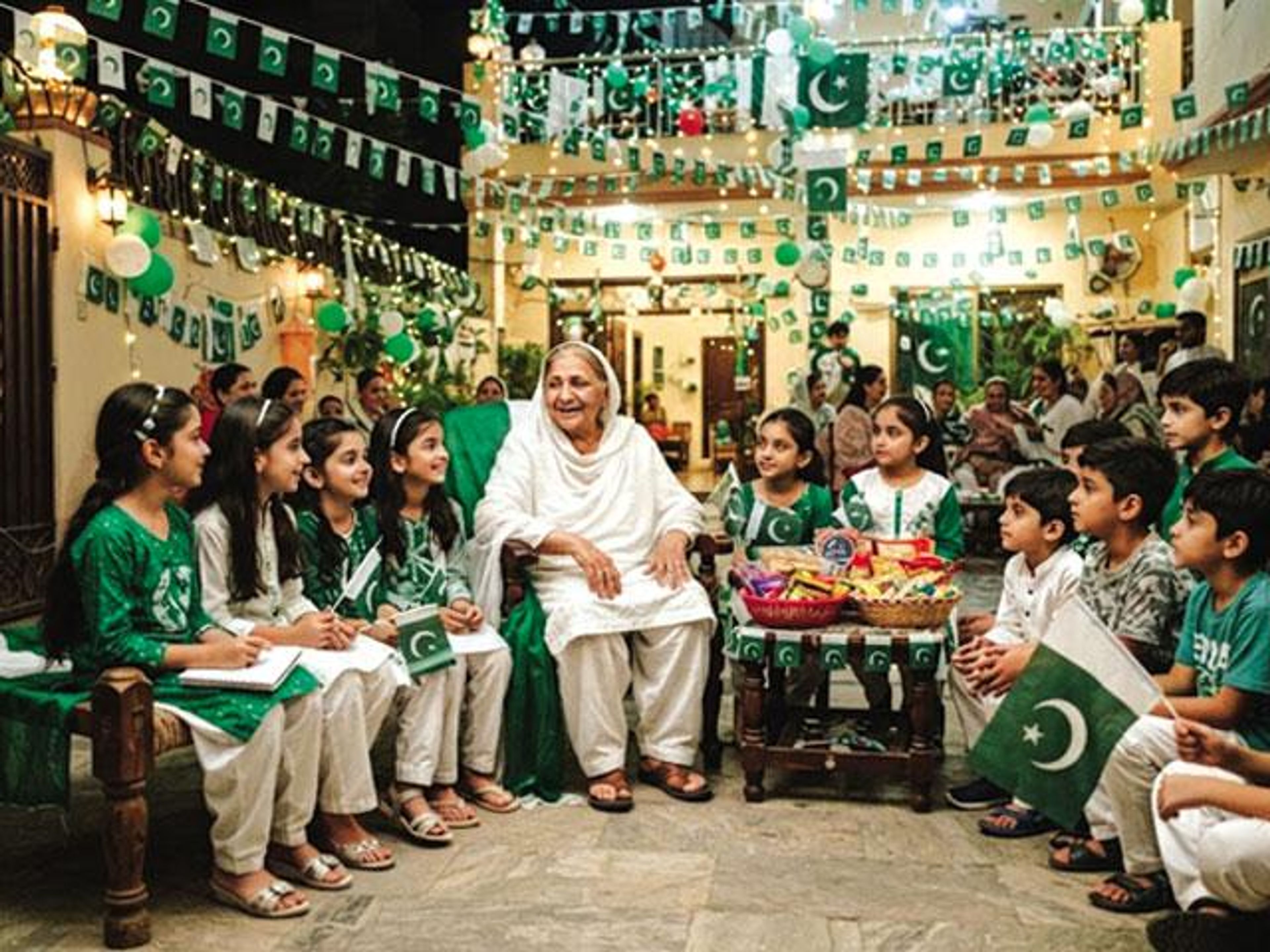 An older woman sits among children dressed in green and white, surrounded by Pakistani flag decorations.