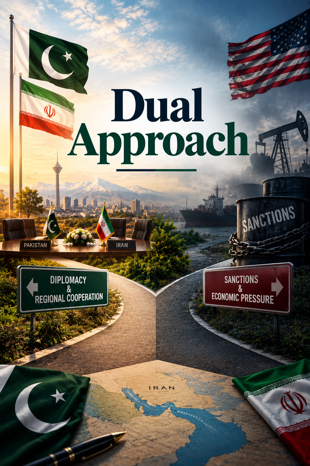 A conceptual image titled 'Dual Approach,' depicting a fork in the road: one path for diplomacy and cooperation involving Pakistan and Iran, the other for US-led sanctions and economic pressure.