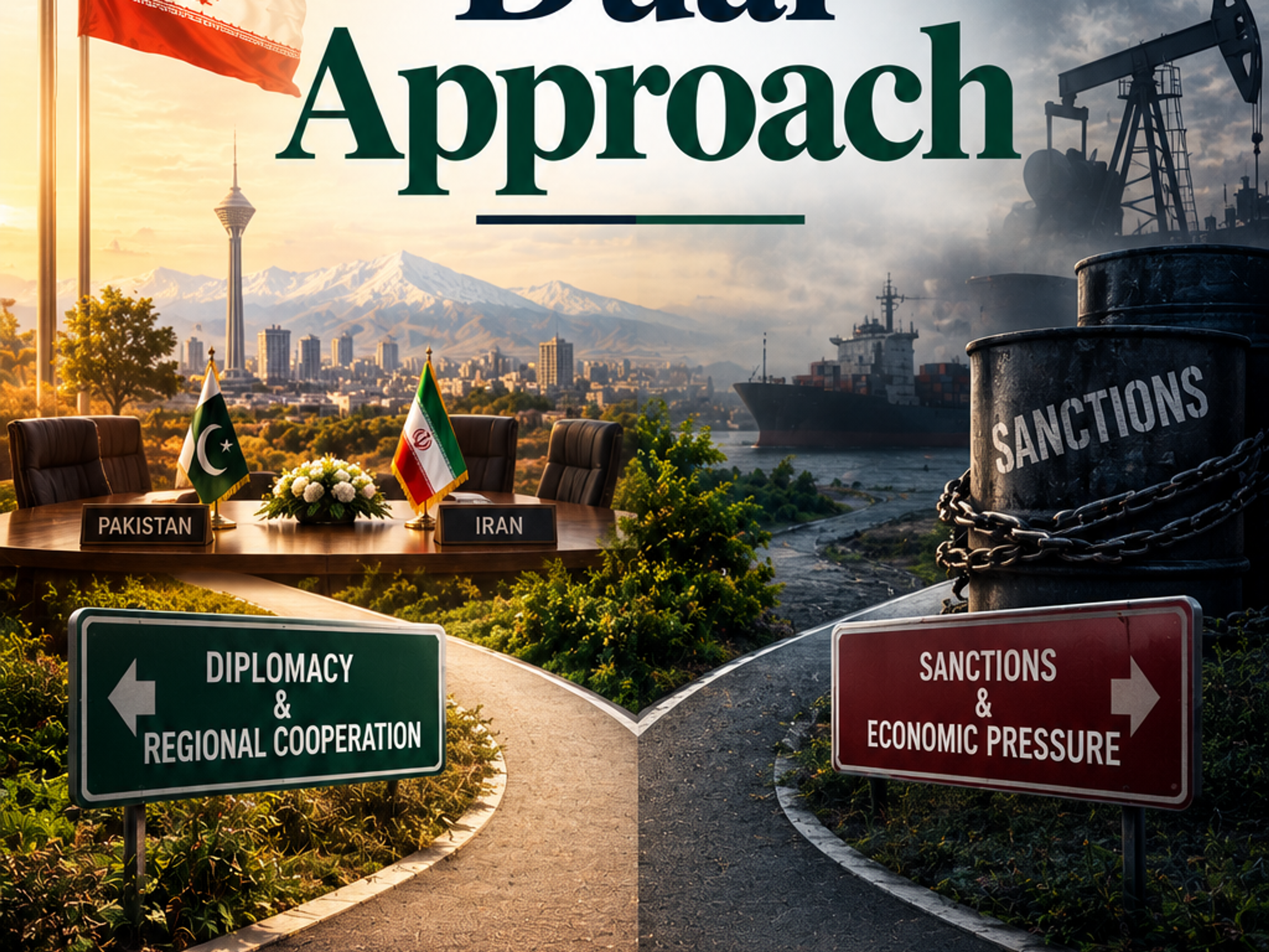 A conceptual image titled 'Dual Approach,' depicting a fork in the road: one path for diplomacy and cooperation involving Pakistan and Iran, the other for US-led sanctions and economic pressure.