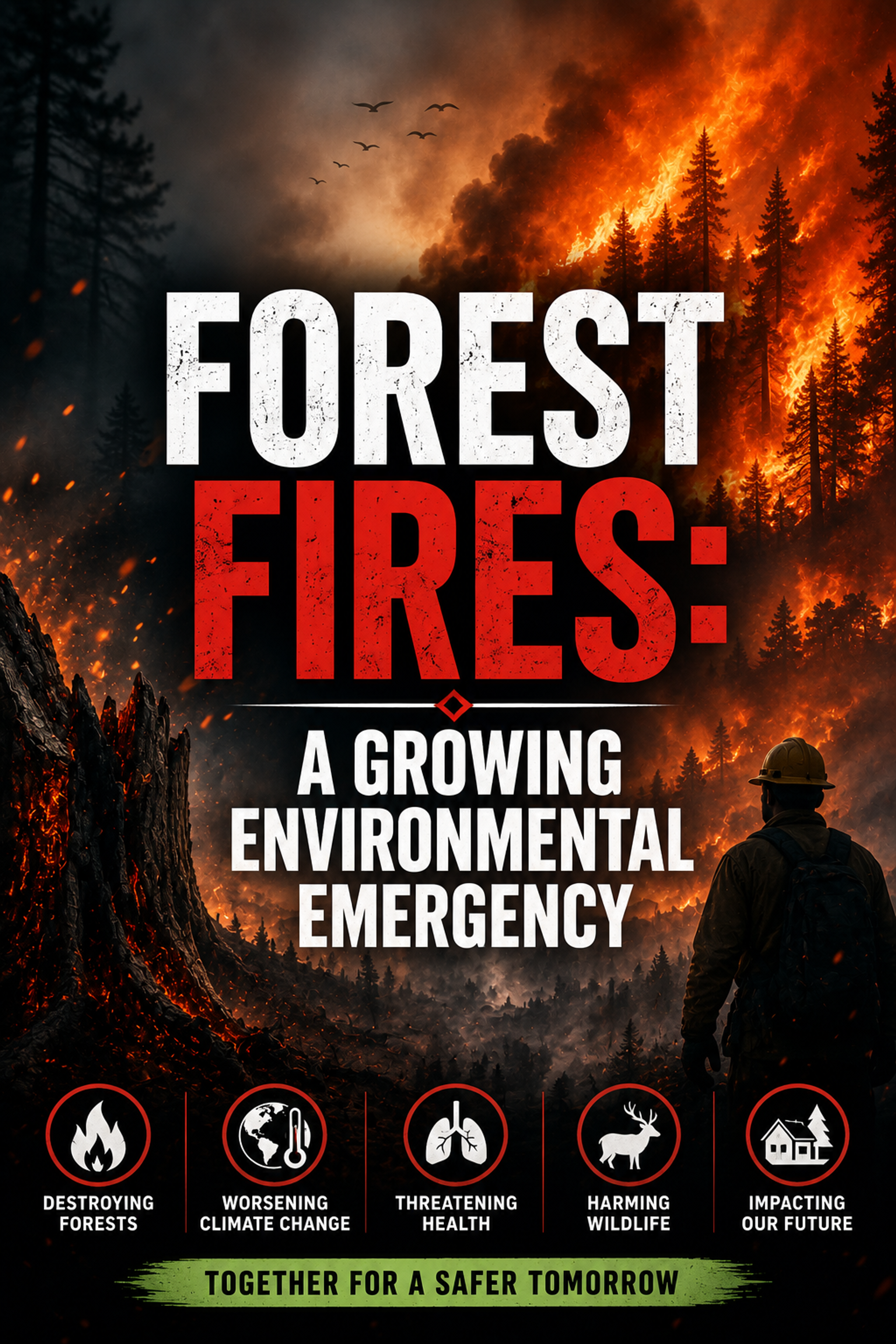 A poster showing a raging forest fire with a firefighter looking on, and text that reads "FOREST FIRES: A GROWING ENVIRONMENTAL EMERGENCY" along with a list of its impacts.