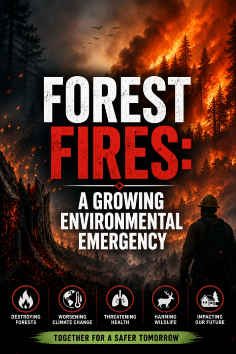A poster showing a raging forest fire with a firefighter looking on, and text that reads "FOREST FIRES: A GROWING ENVIRONMENTAL EMERGENCY" along with a list of its impacts.