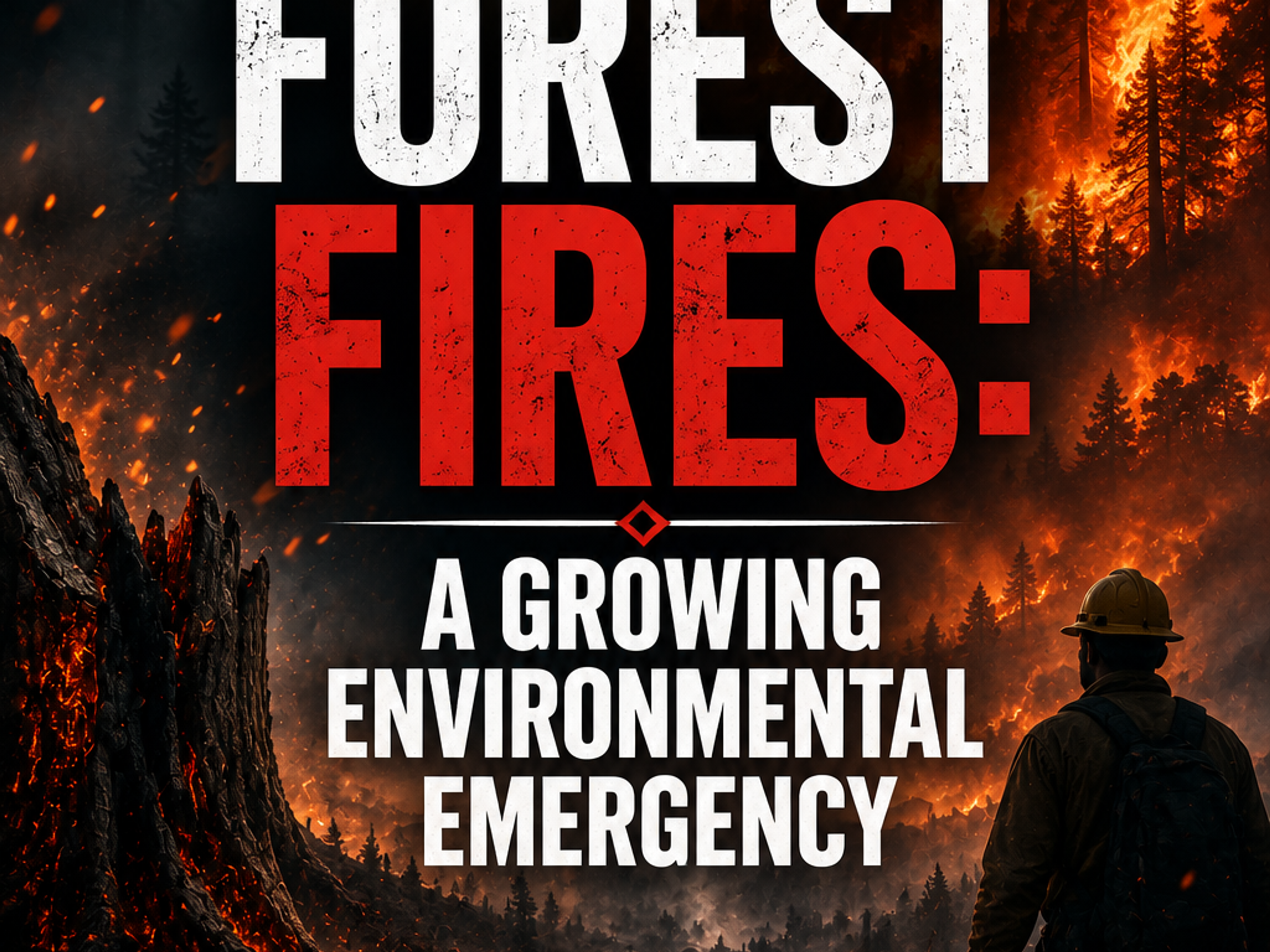 A poster showing a raging forest fire with a firefighter looking on, and text that reads "FOREST FIRES: A GROWING ENVIRONMENTAL EMERGENCY" along with a list of its impacts.