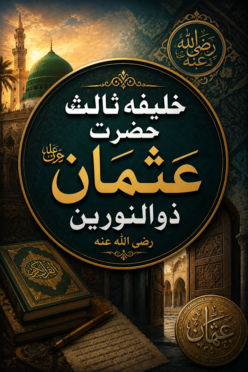 An Islamic artwork featuring a central circular emblem with Arabic calligraphy for 'The Third Caliph Hazrat Usman Dhu al-Nurayn', flanked by a mosque, religious books, and a golden coin.