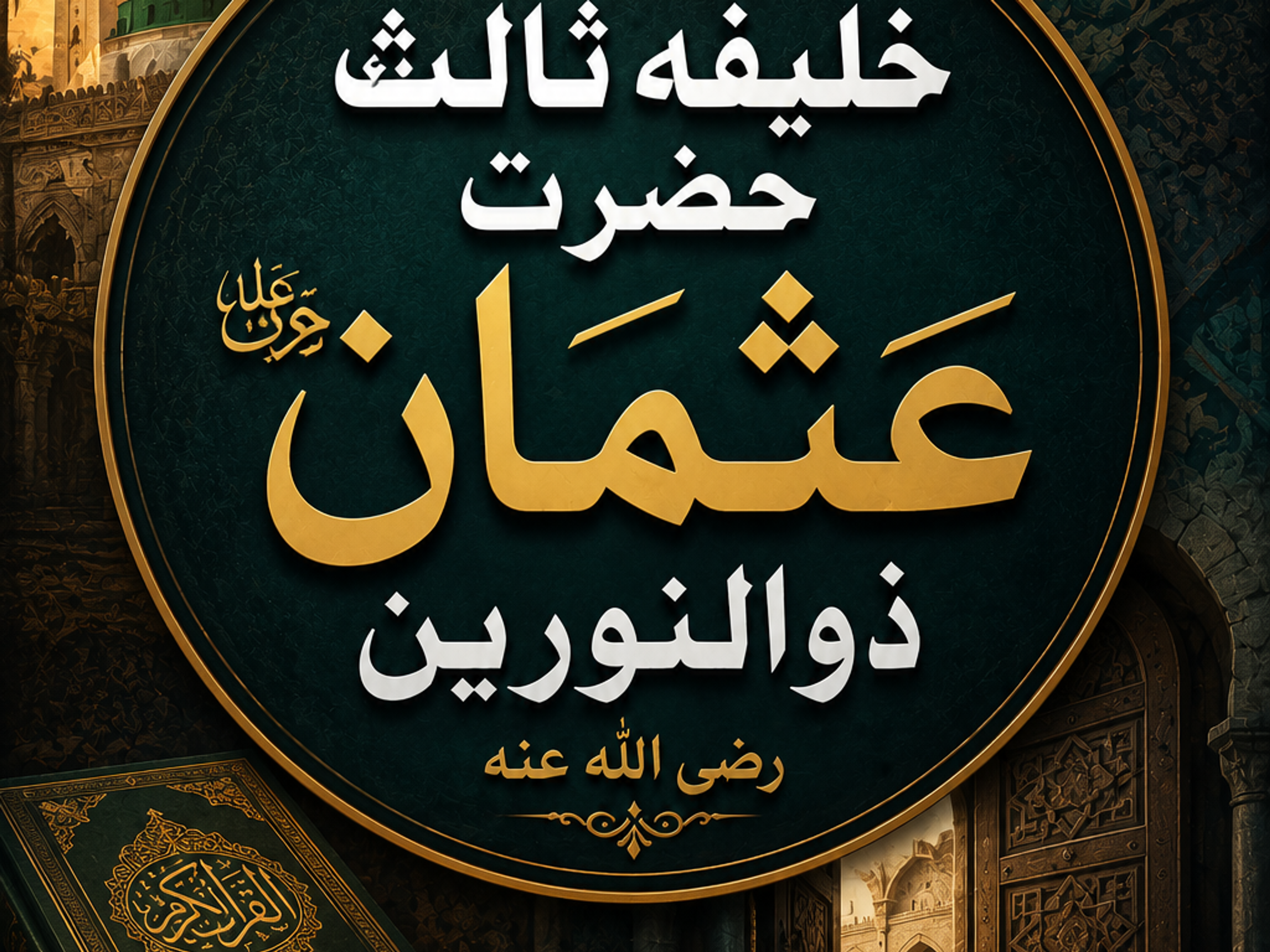 An Islamic artwork featuring a central circular emblem with Arabic calligraphy for 'The Third Caliph Hazrat Usman Dhu al-Nurayn', flanked by a mosque, religious books, and a golden coin.