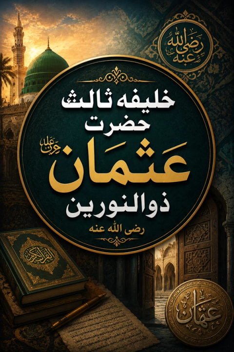 An Islamic artwork featuring a central circular emblem with Arabic calligraphy for 'The Third Caliph Hazrat Usman Dhu al-Nurayn', flanked by a mosque, religious books, and a golden coin.