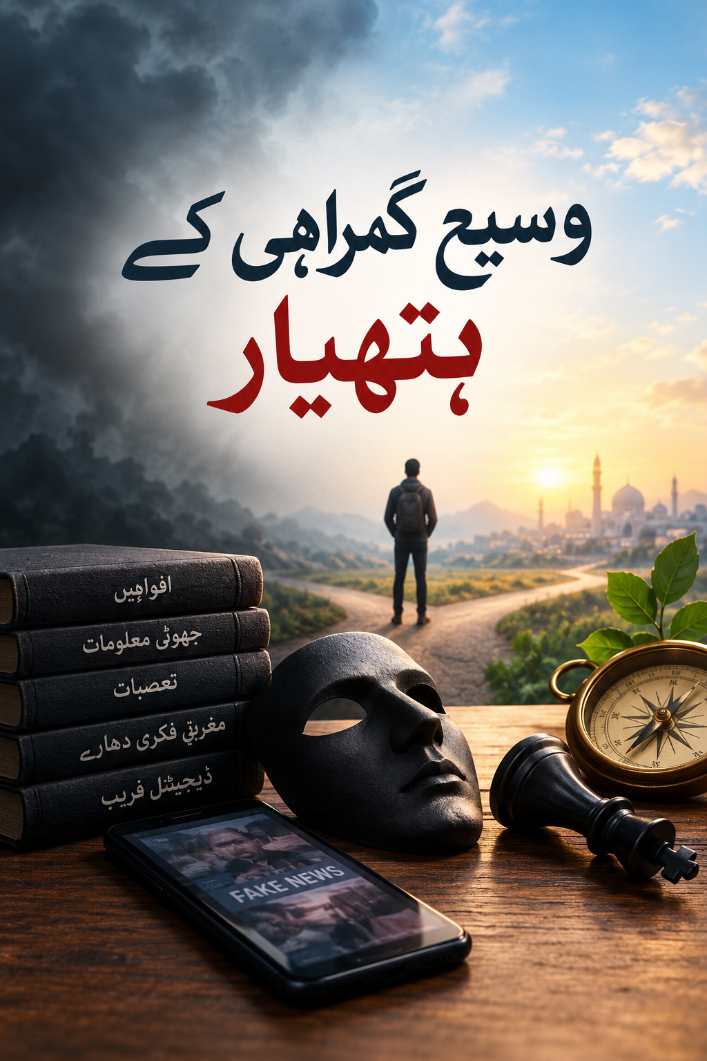 A man stands at a crossroads, one path leading to dark storm clouds and the other to a bright sunset and mosque. In the foreground are books on misinformation, a black mask, a phone displaying "FAKE NEWS," a compass, and a chess king. Urdu text at the top reads "Weapons of Widespread Deception."