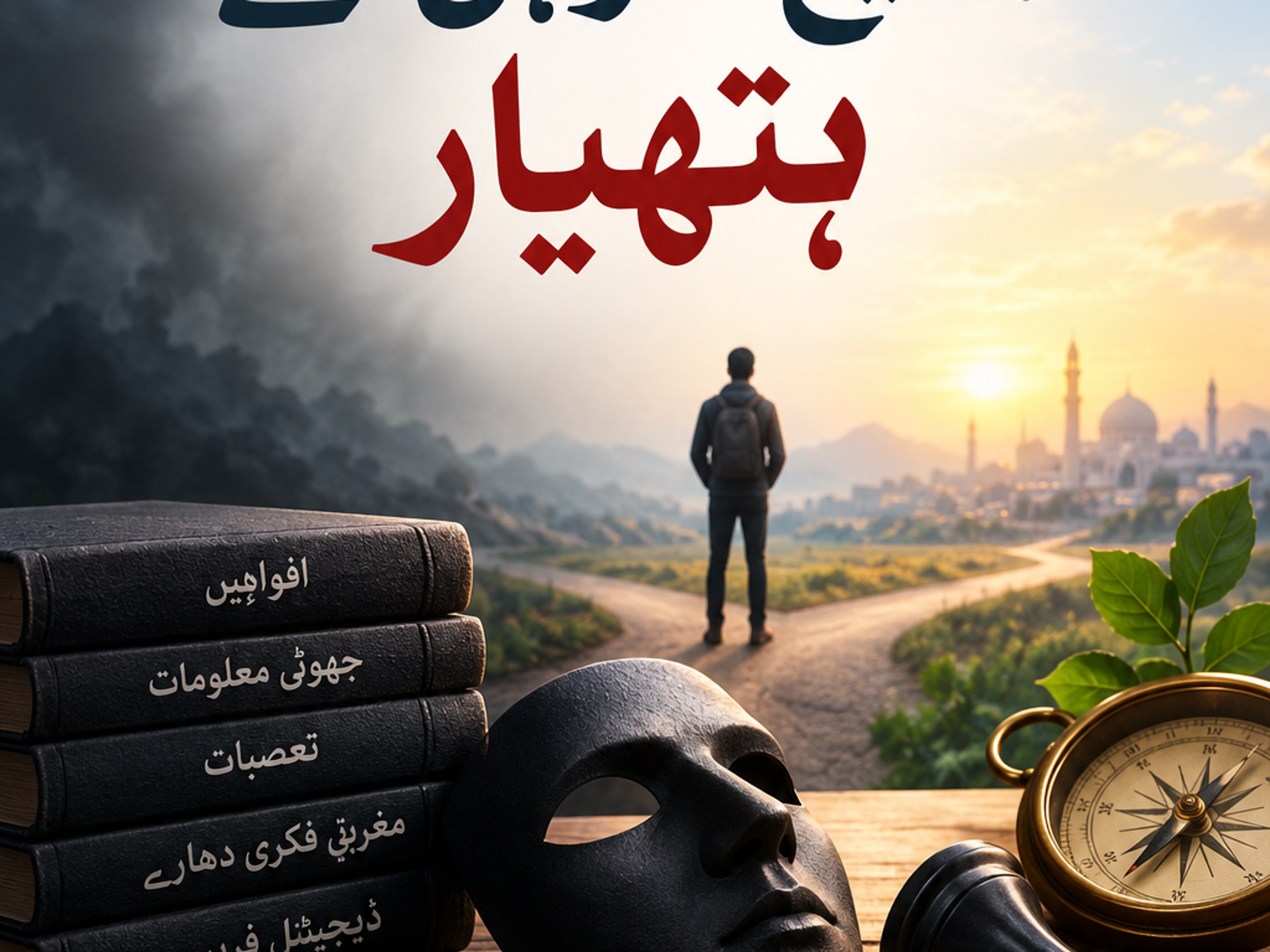 A man stands at a crossroads, one path leading to dark storm clouds and the other to a bright sunset and mosque. In the foreground are books on misinformation, a black mask, a phone displaying "FAKE NEWS," a compass, and a chess king. Urdu text at the top reads "Weapons of Widespread Deception."